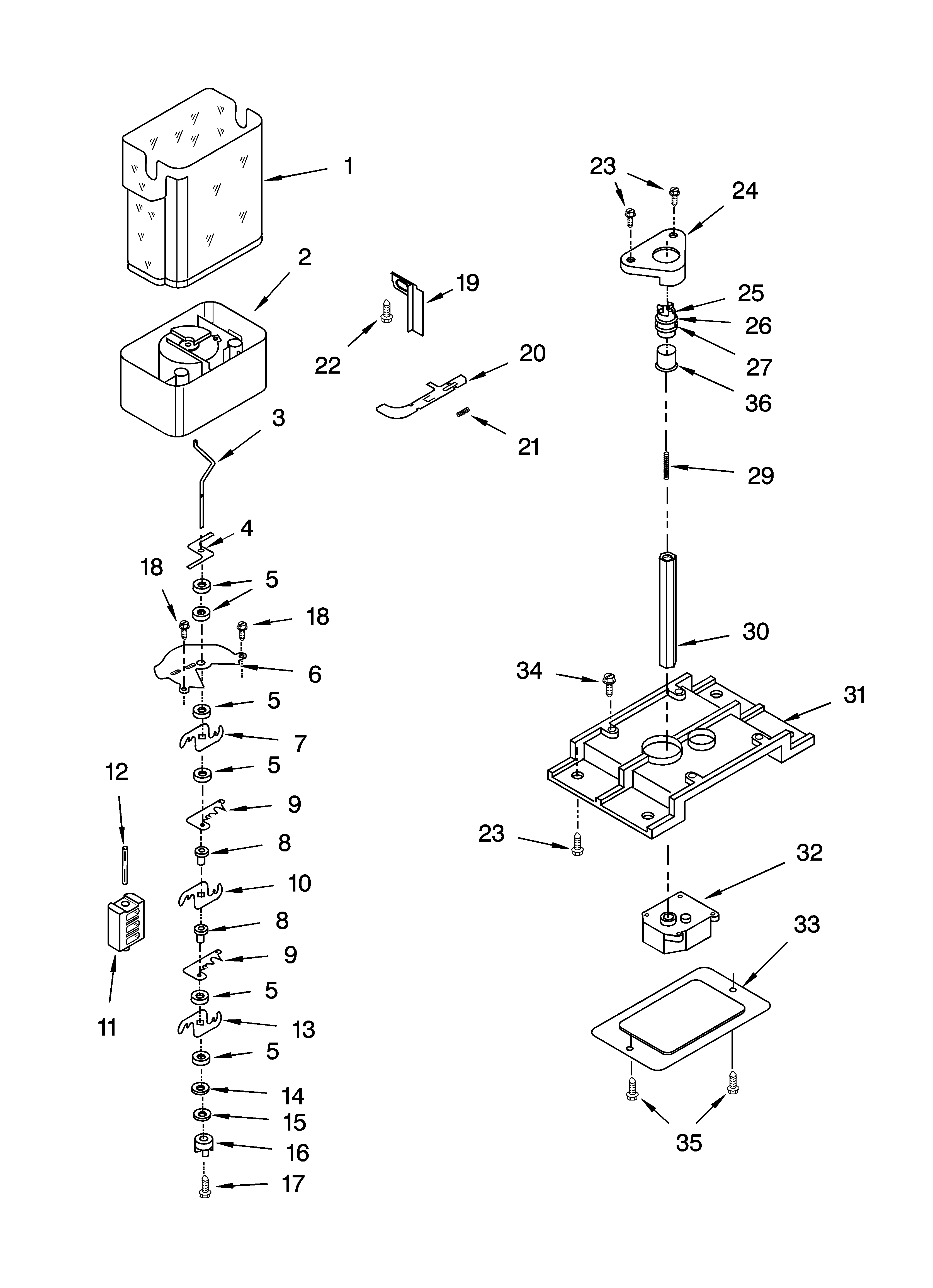 Kenmore 10653652300 motor and ice container parts diagram