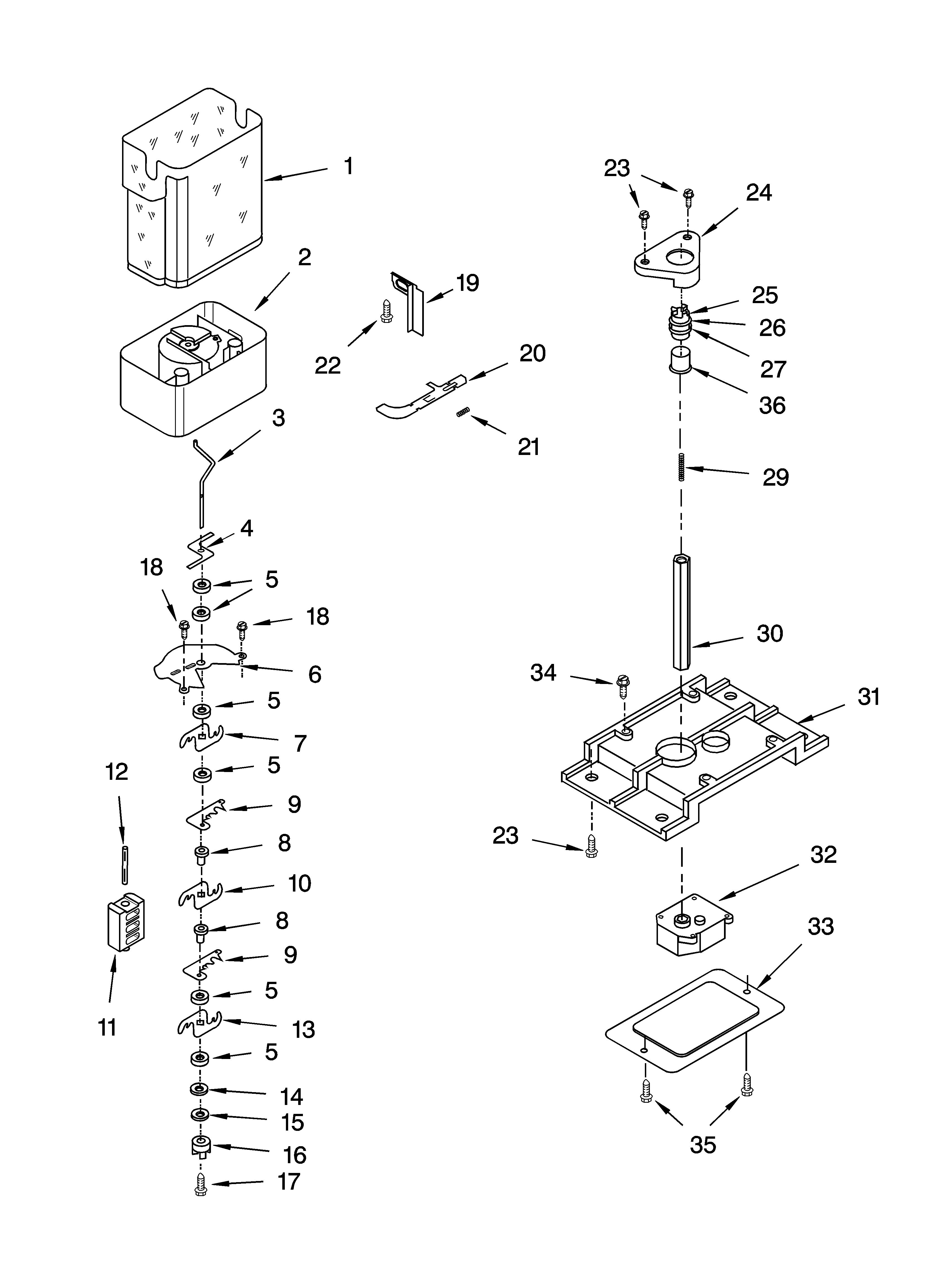 Kenmore 10653869300 motor and ice container parts diagram