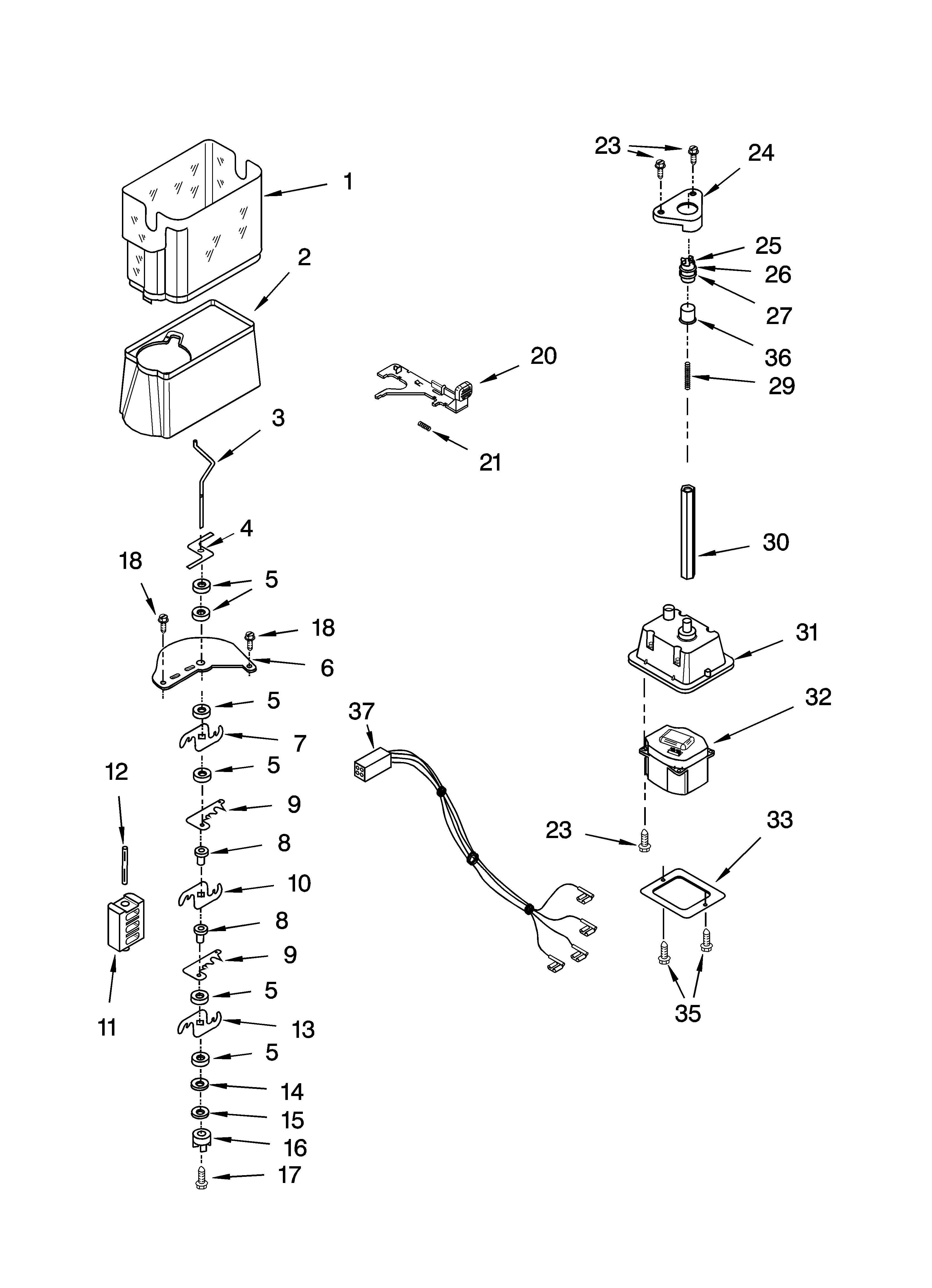 Kenmore 10654214300 motor and ice container parts diagram