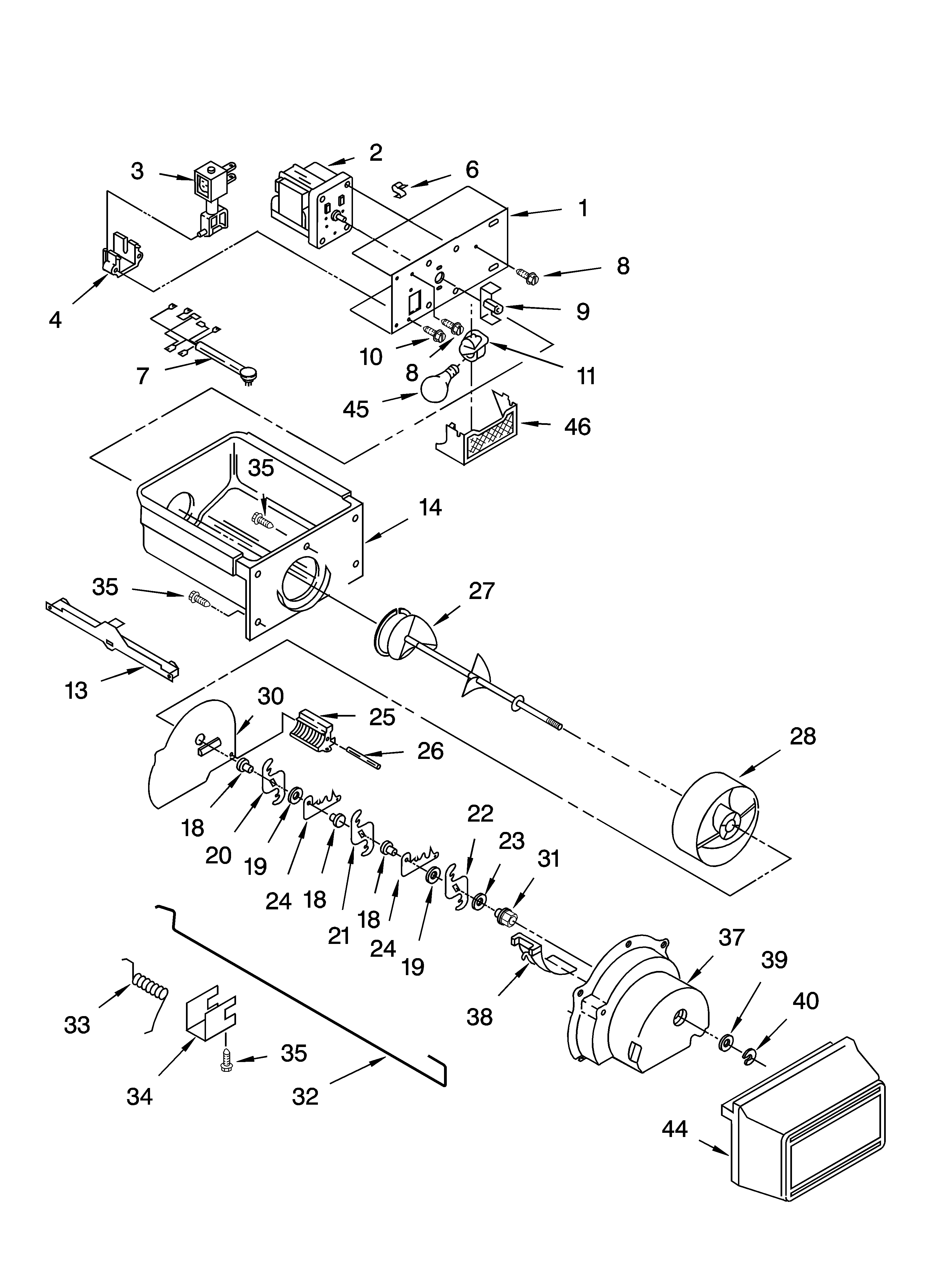 Kenmore 10654263300 motor and ice container parts diagram