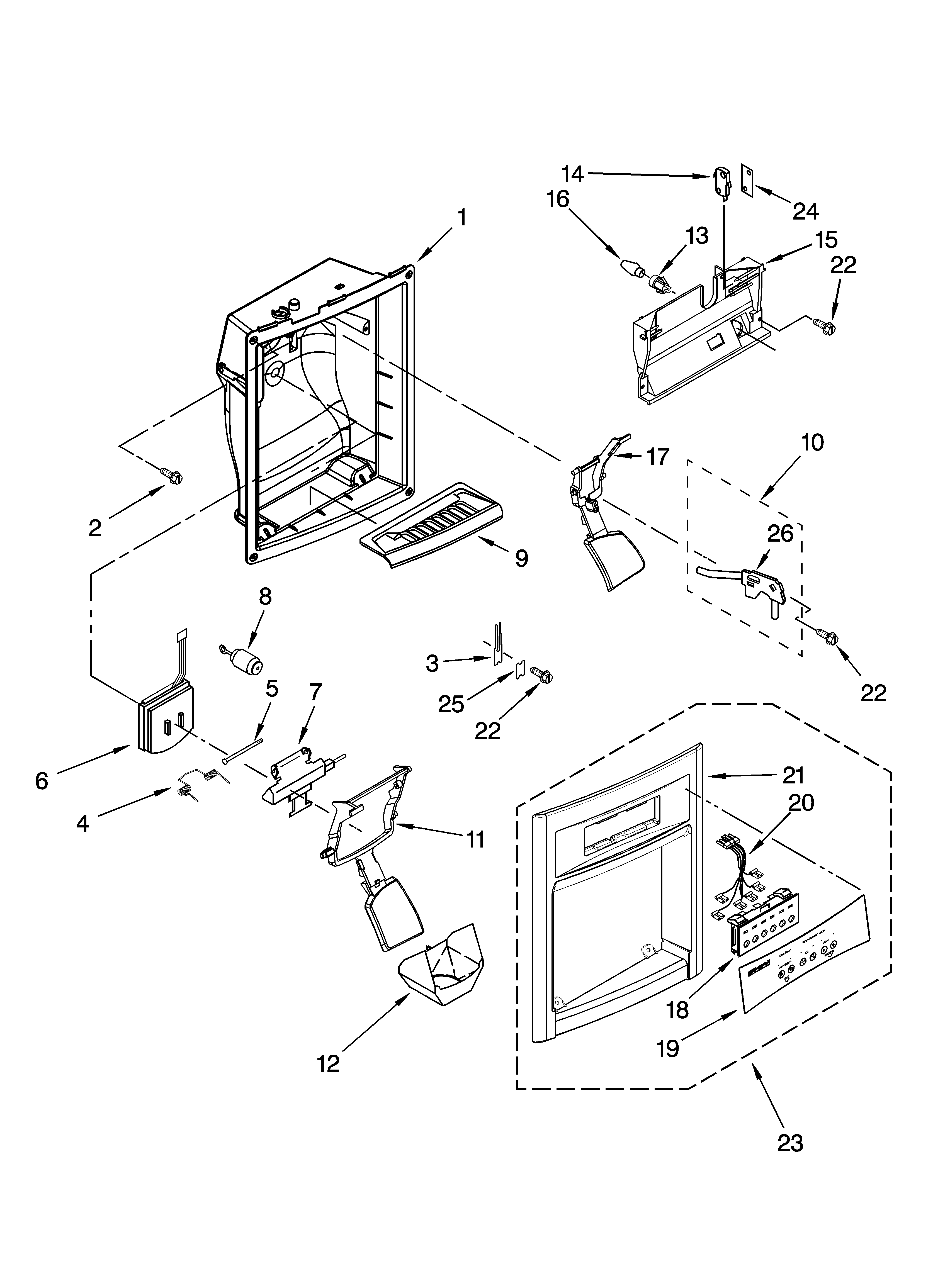 Kenmore 10654399300 dispenser front parts diagram