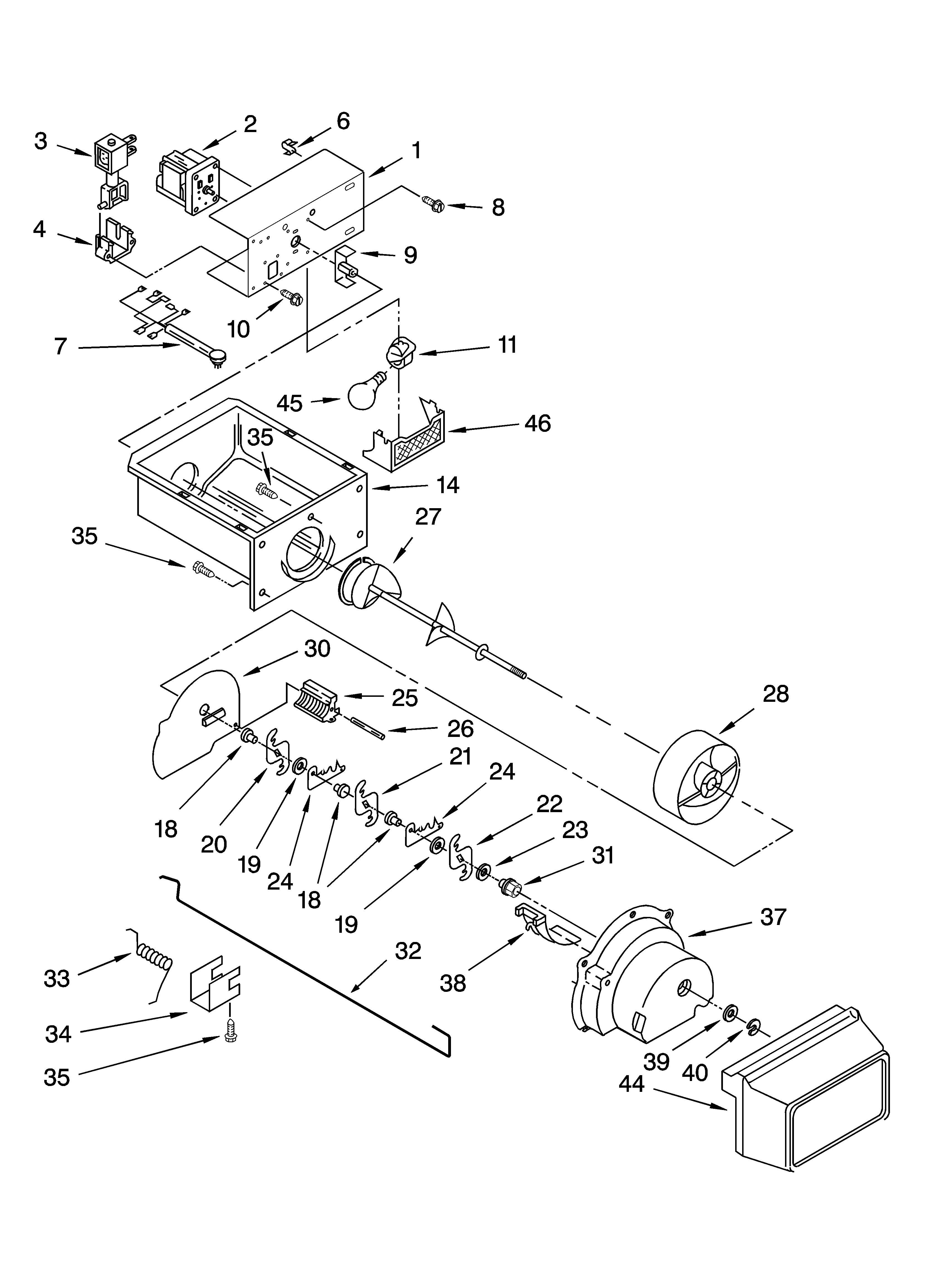 Kenmore 10654573300 motor and ice container parts diagram