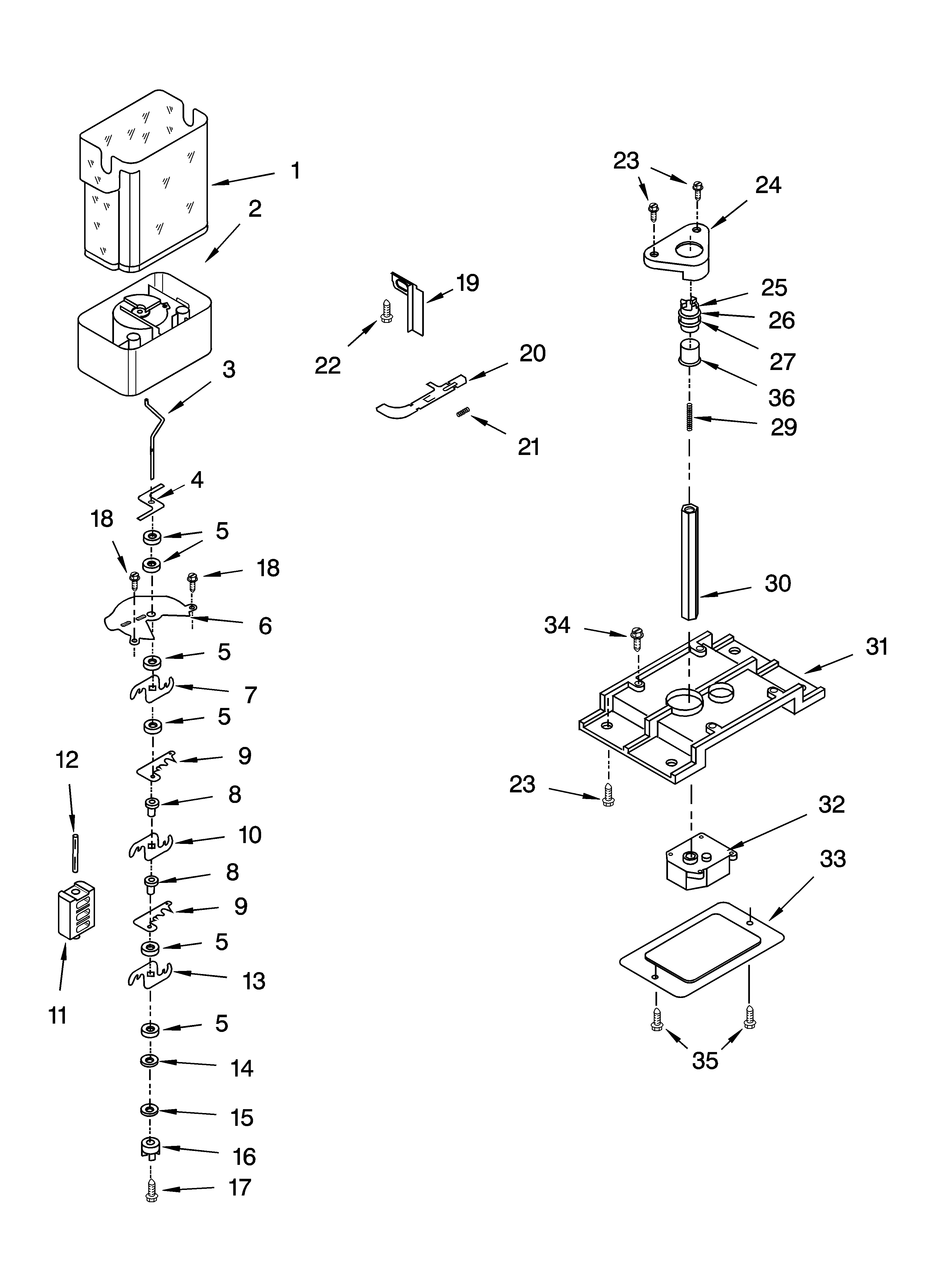 Kenmore 10654684300 motor and ice container parts diagram