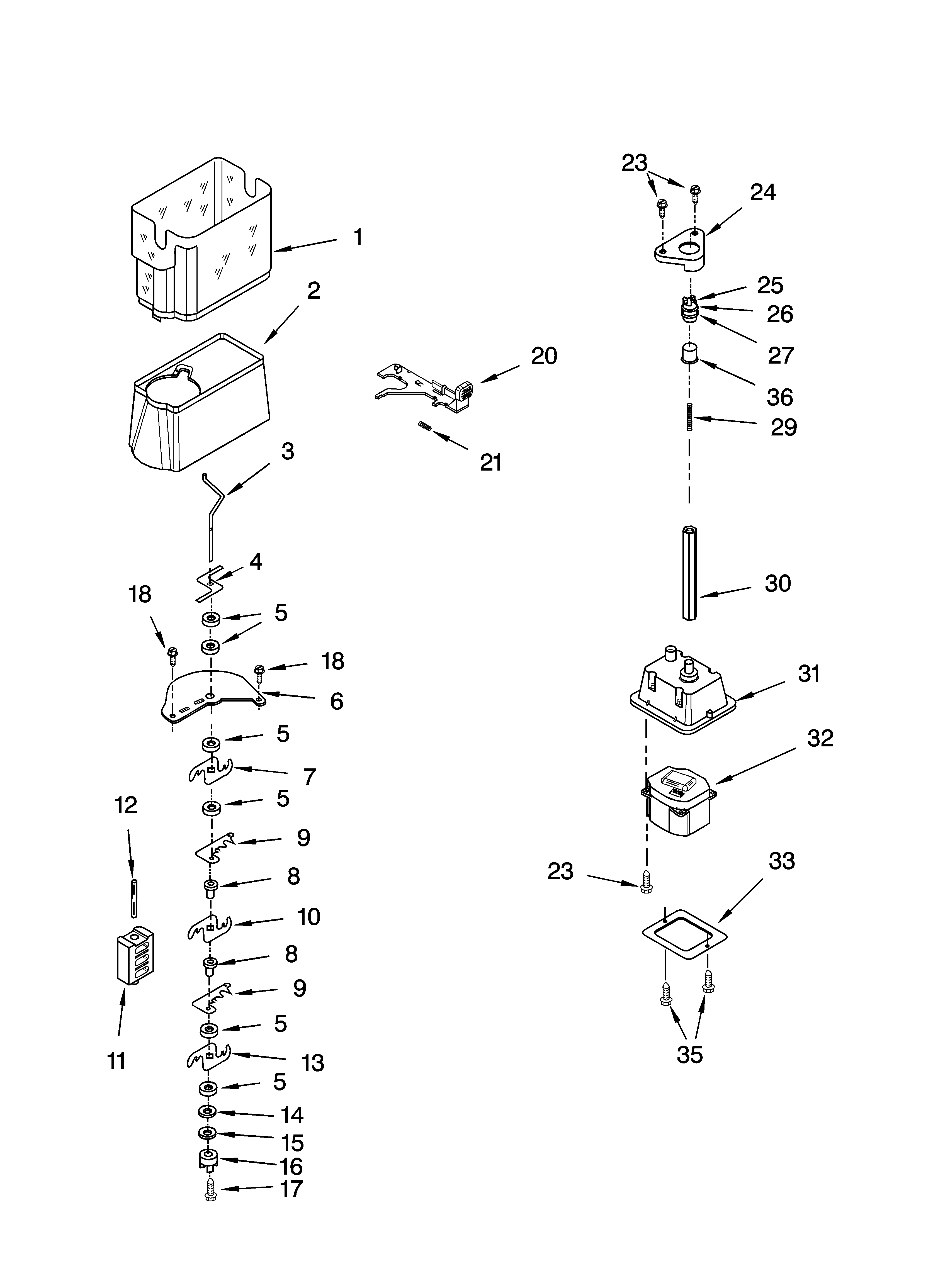 Kenmore 10655223400 motor and ice container parts diagram