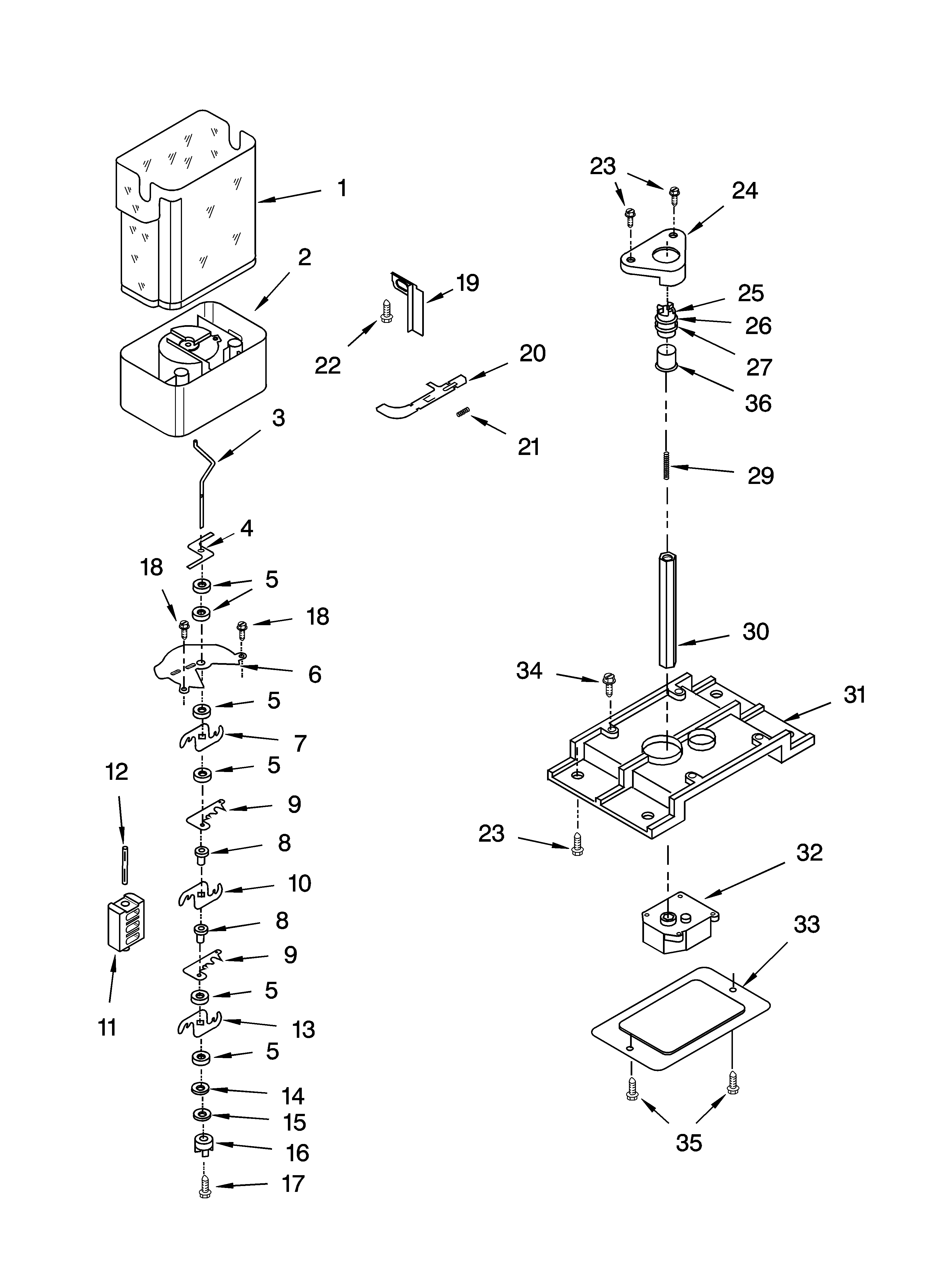 Kenmore 10655534400 motor and ice container parts diagram