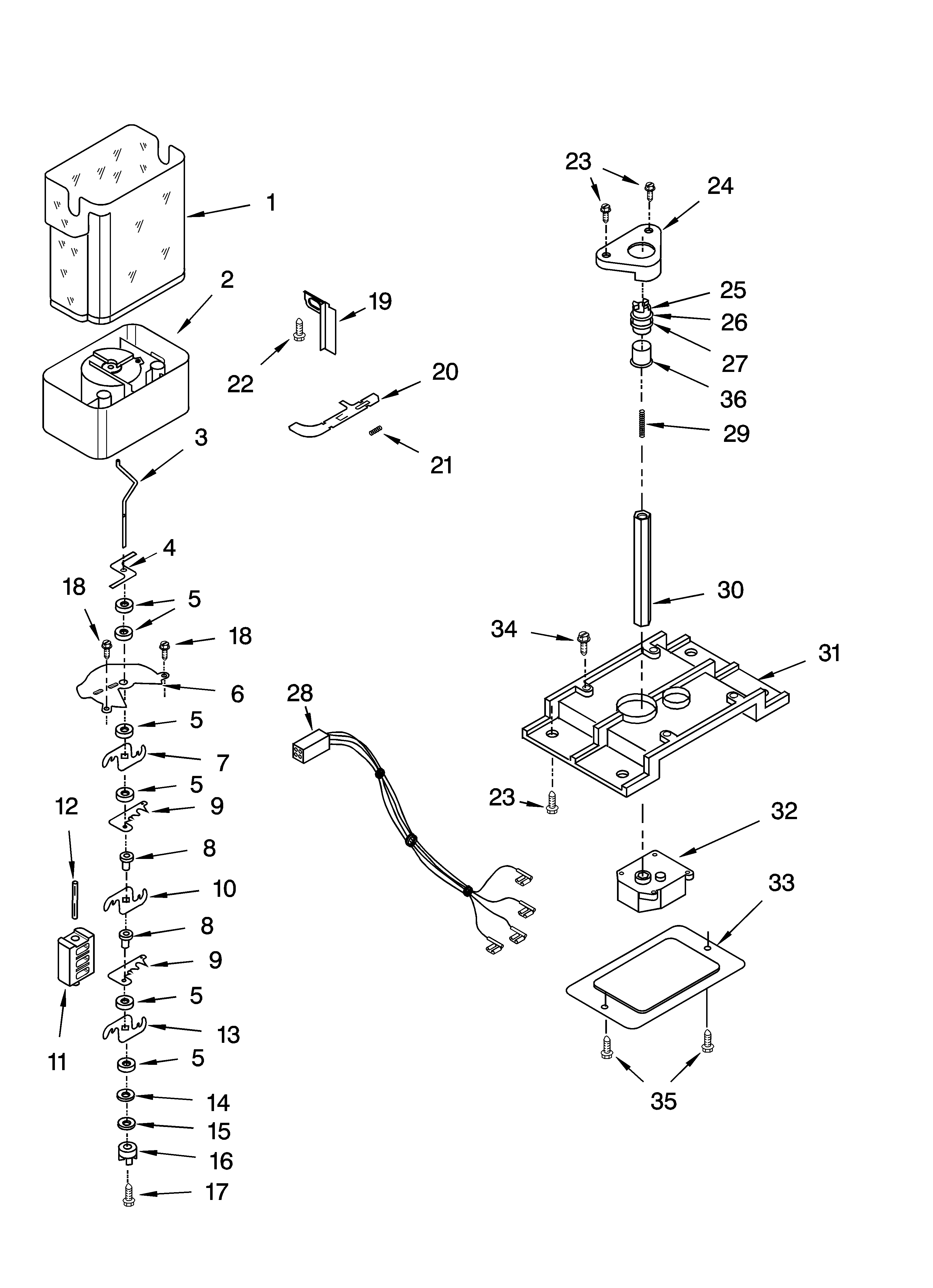 Kenmore 10656576400 motor and ice container parts diagram