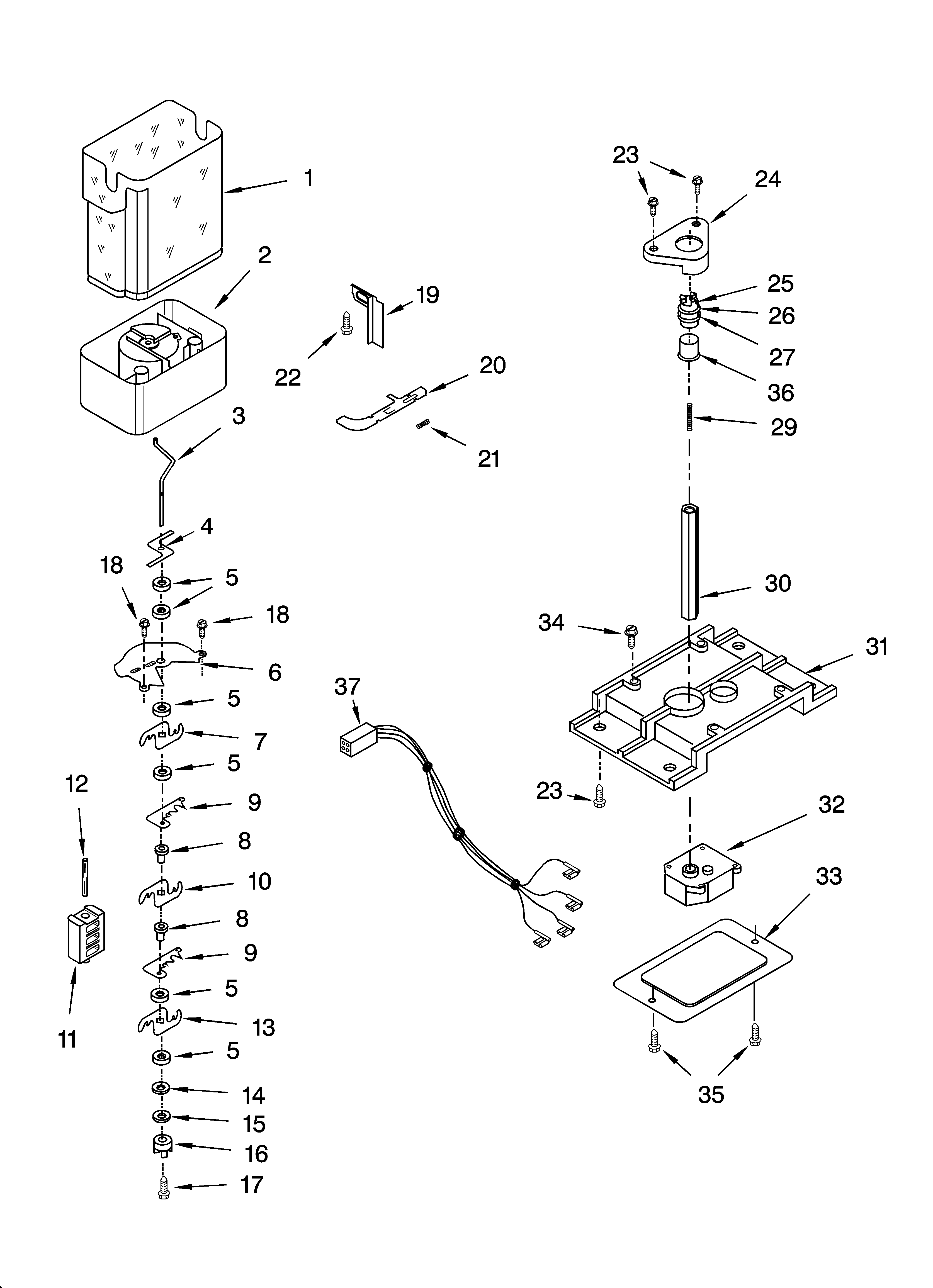 Kenmore 10654619300 motor and ice container parts diagram