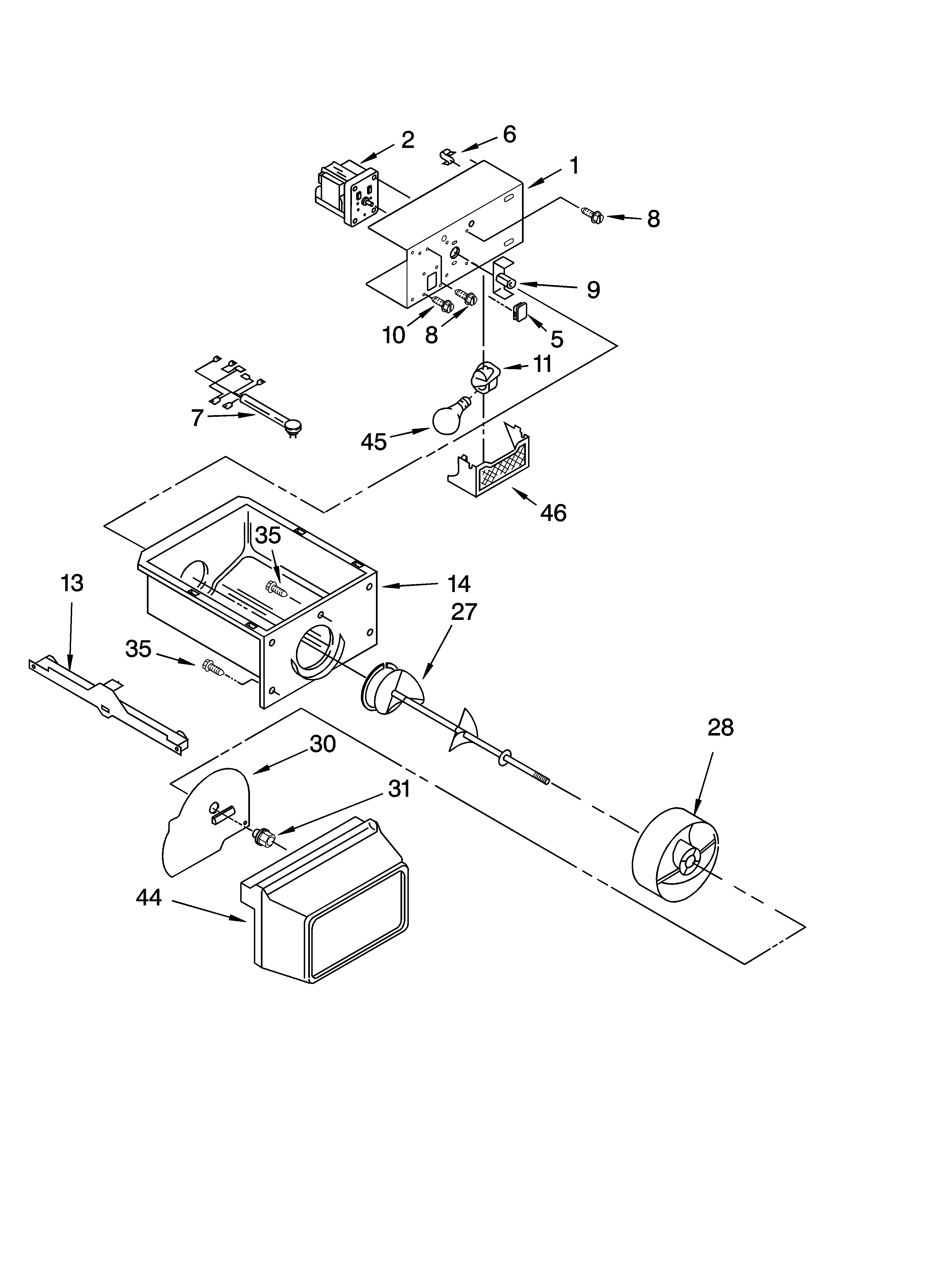 Kenmore 10658012400 motor and ice container parts diagram
