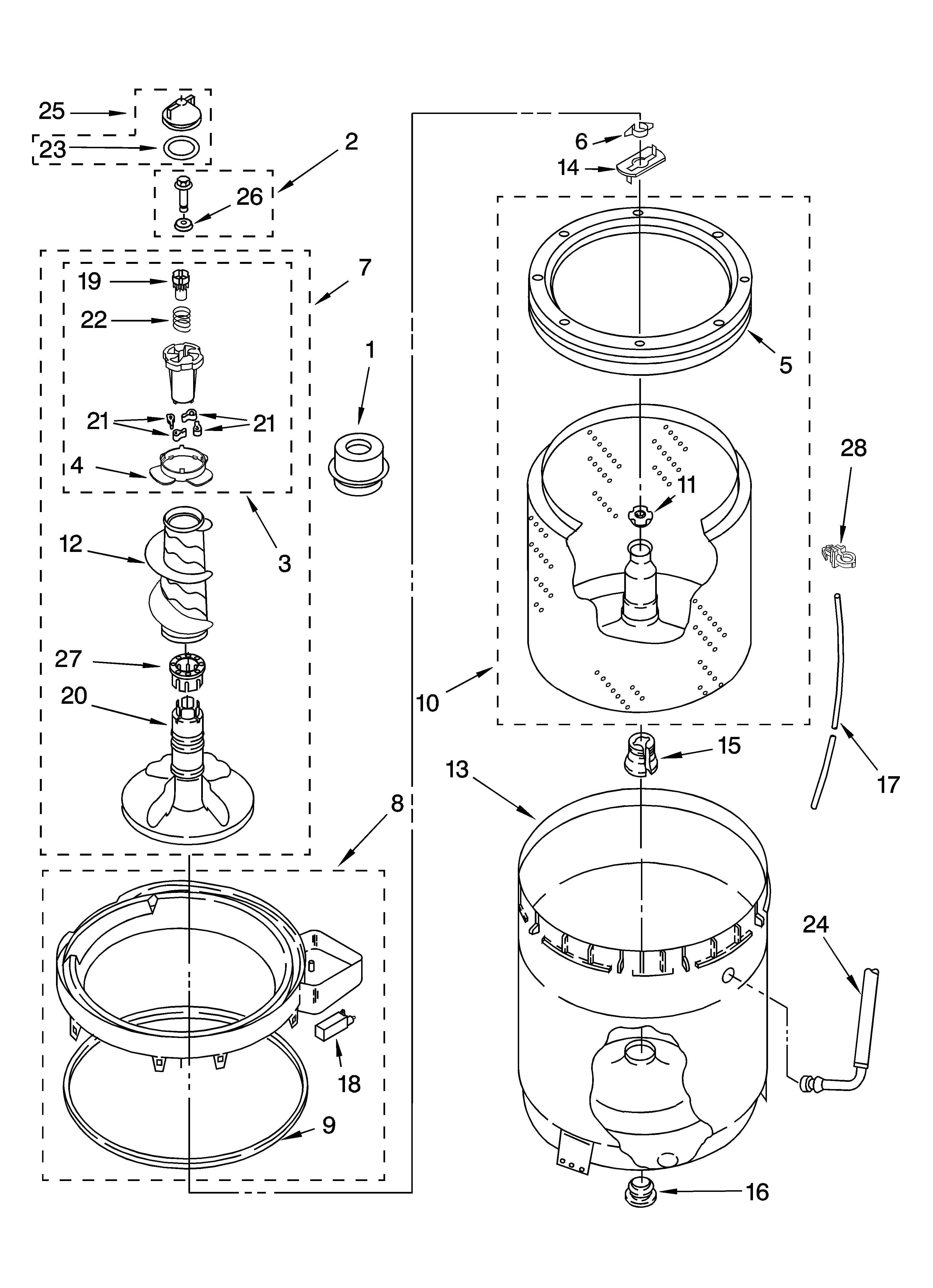 Kenmore 11015962401 agitator, basket and tub parts diagram