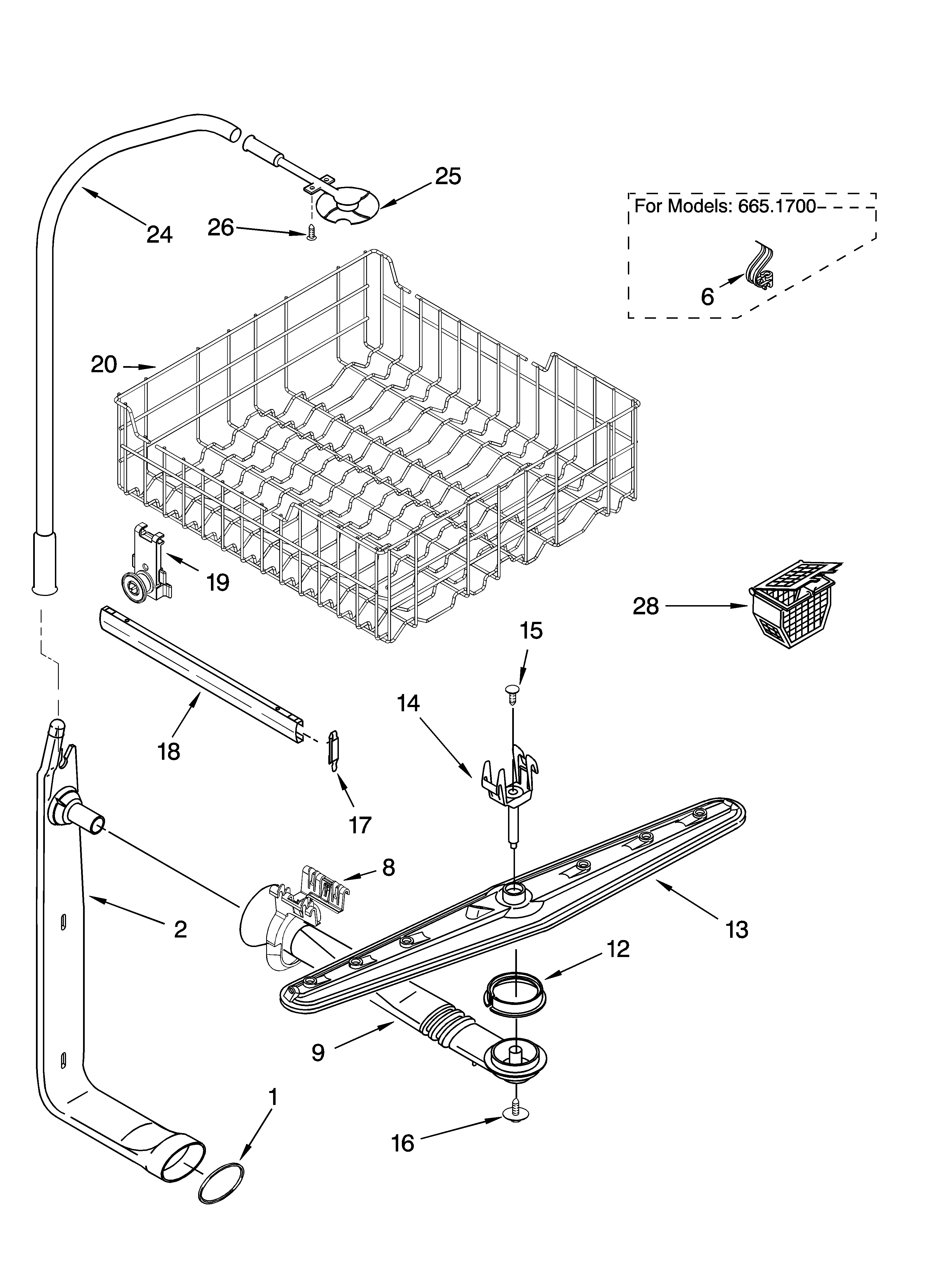 Kenmore 66517003400 upper dishrack and water feed parts diagram