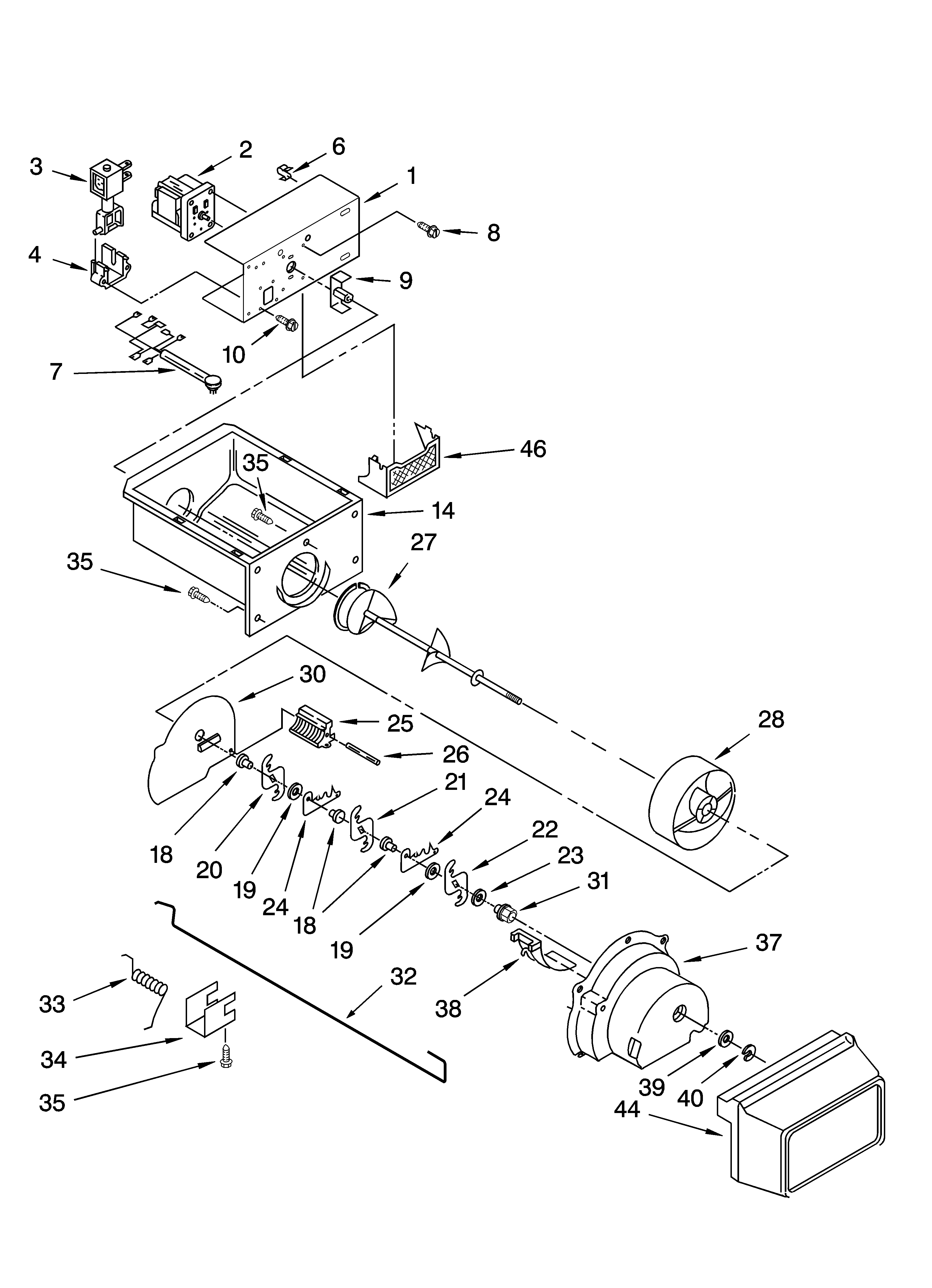 Kenmore 10654594400 motor and ice container parts diagram
