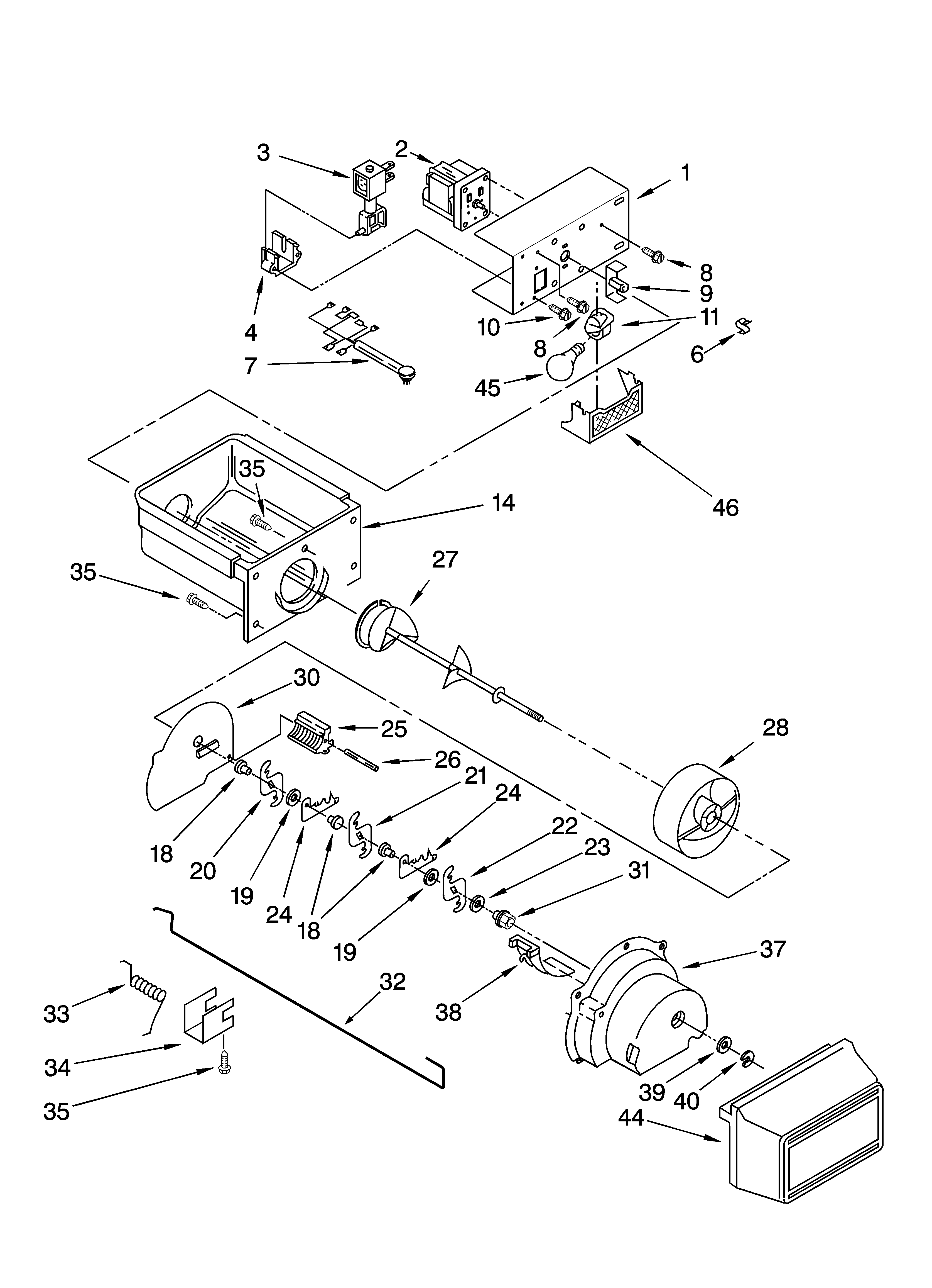 Kenmore 10654244400 motor and ice container parts diagram