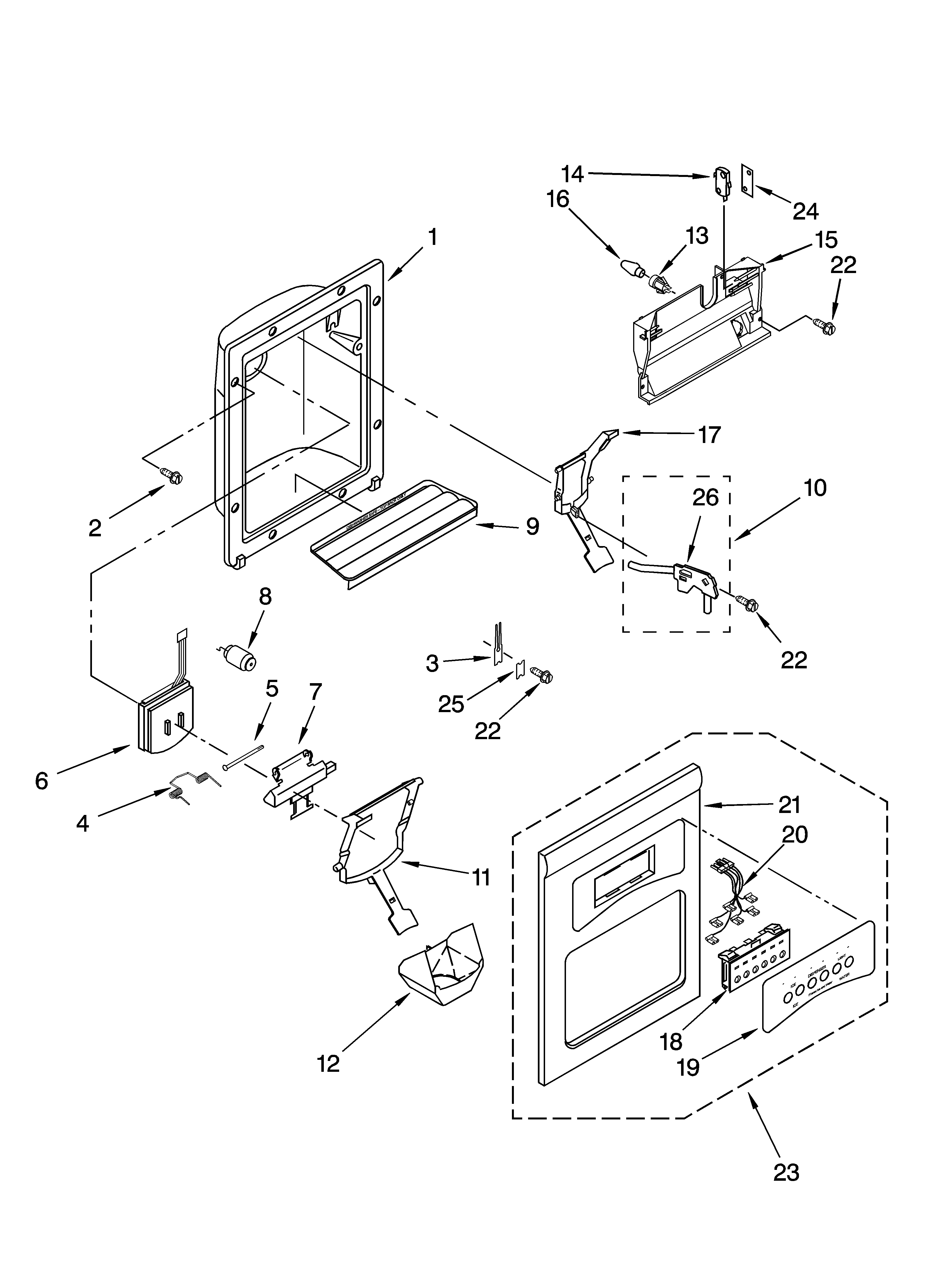 Kenmore 10656344500 dispenser front parts diagram