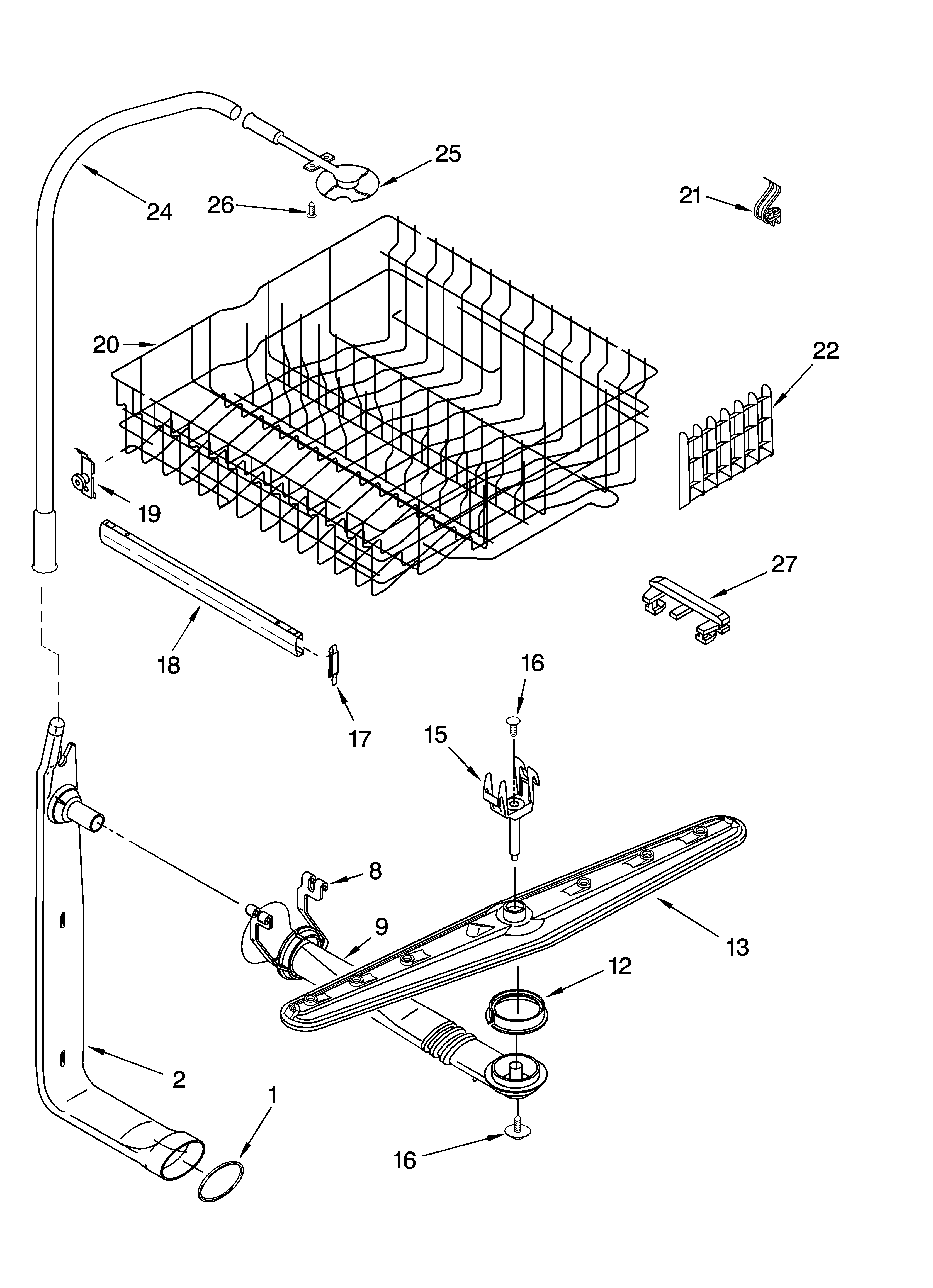 Kenmore 66574362400 upper dishrack and water feed parts diagram