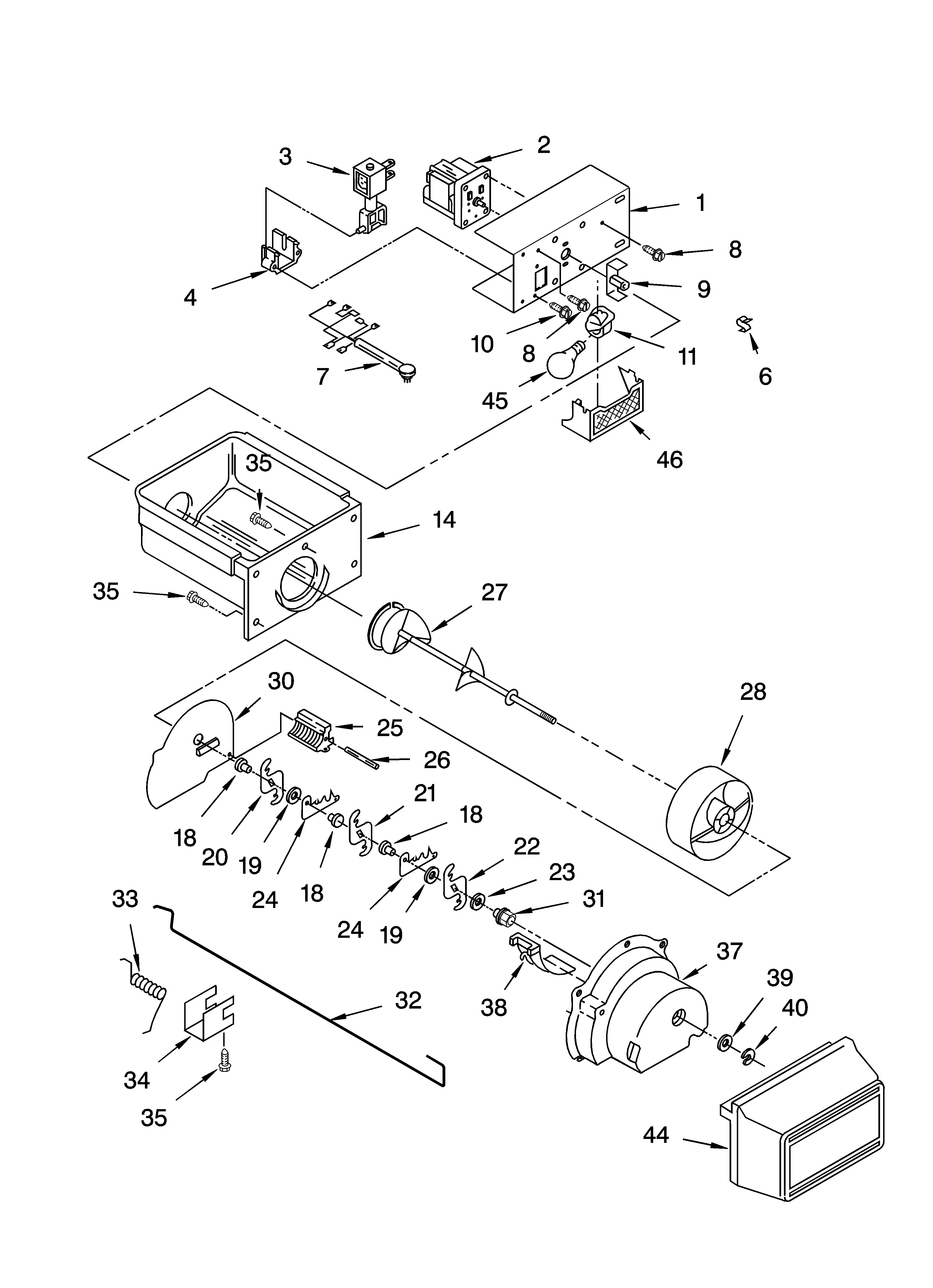 Kenmore 10658212400 motor and ice container parts diagram