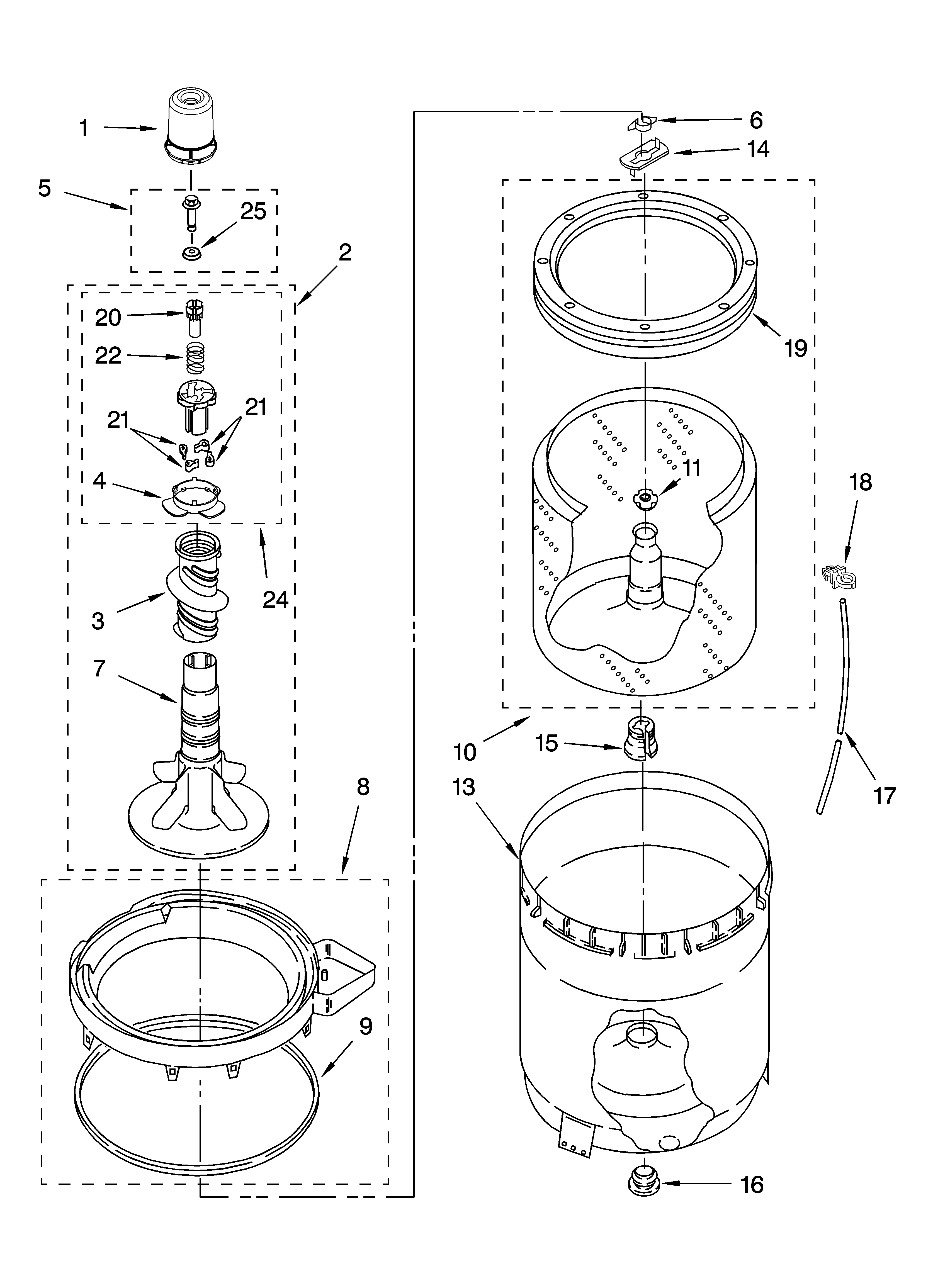 Kenmore 11016882500 agitator, basket and tub parts diagram