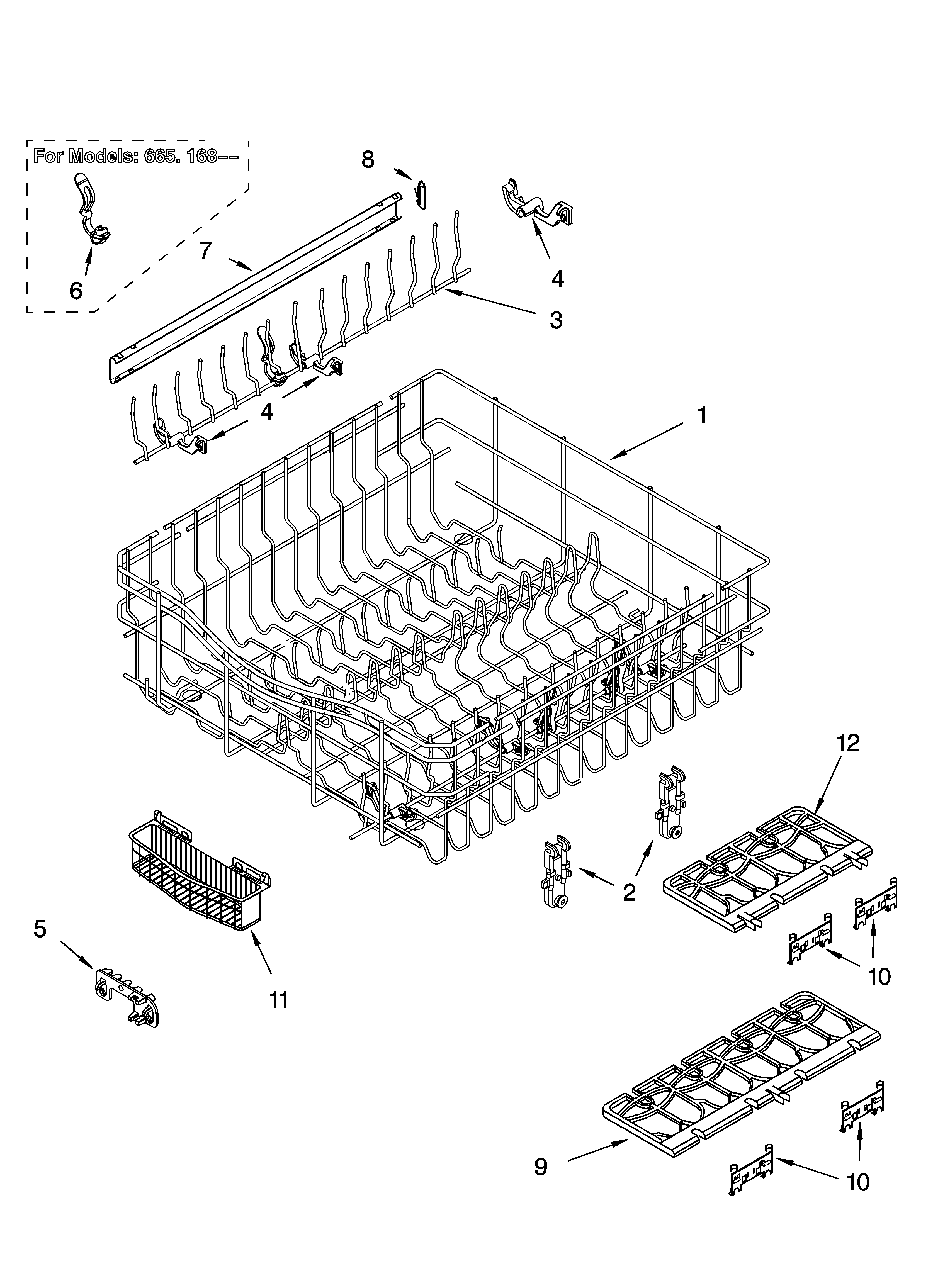 Kenmore 66516874000 upper rack and track parts diagram