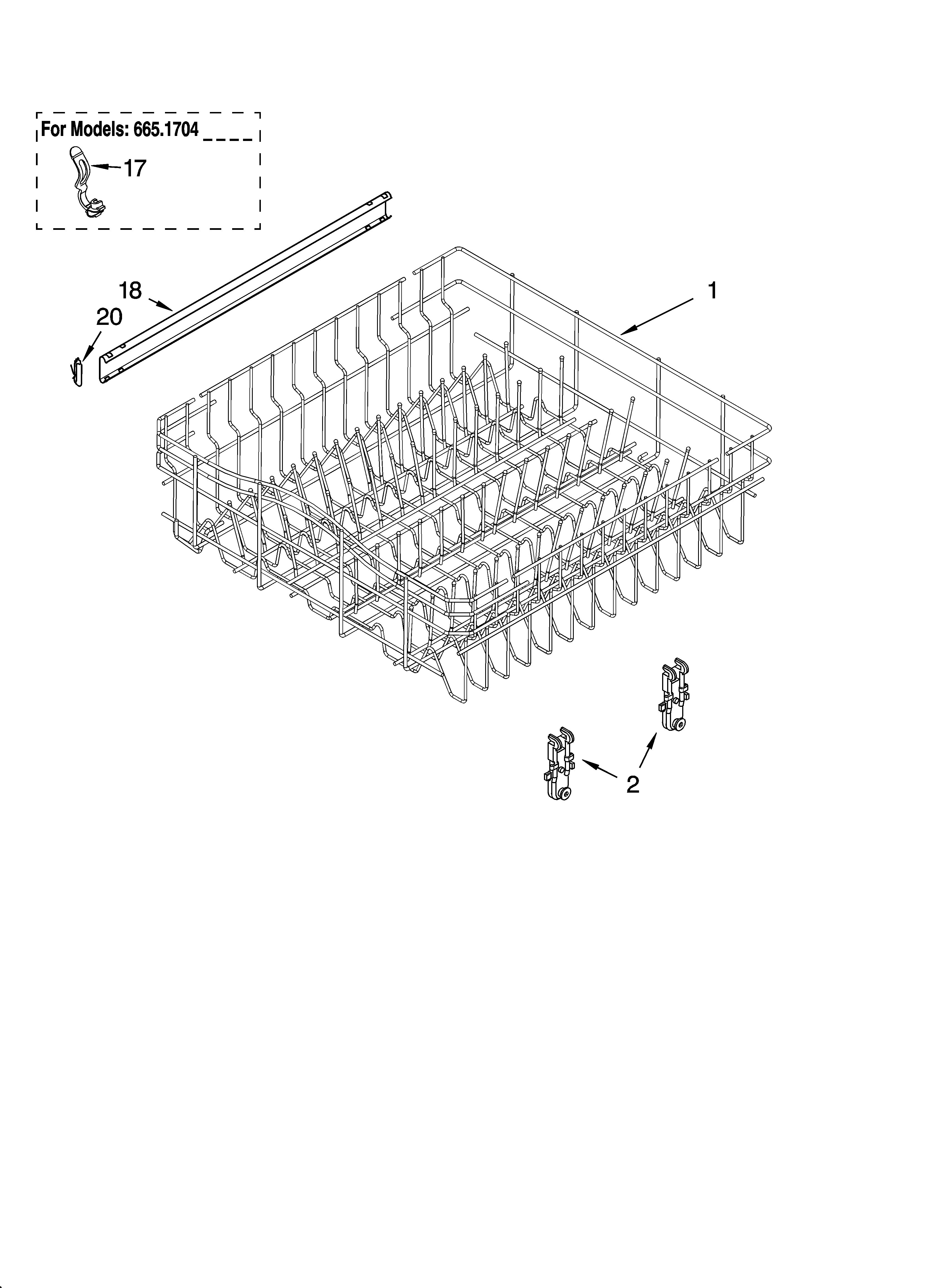 Kenmore 66516049401 upper rack and track parts diagram