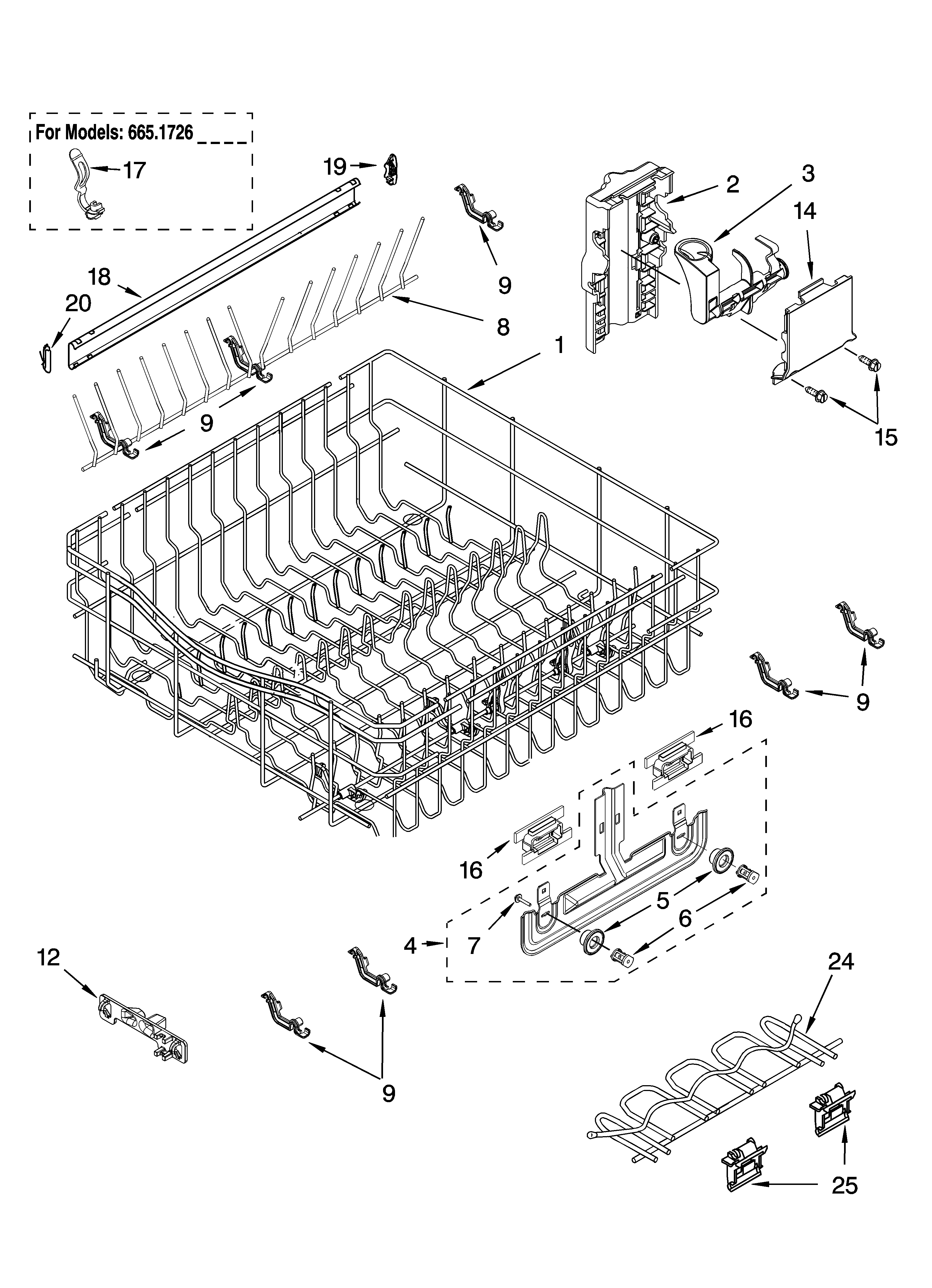 Kenmore Elite 66517264400 upper rack and track parts diagram