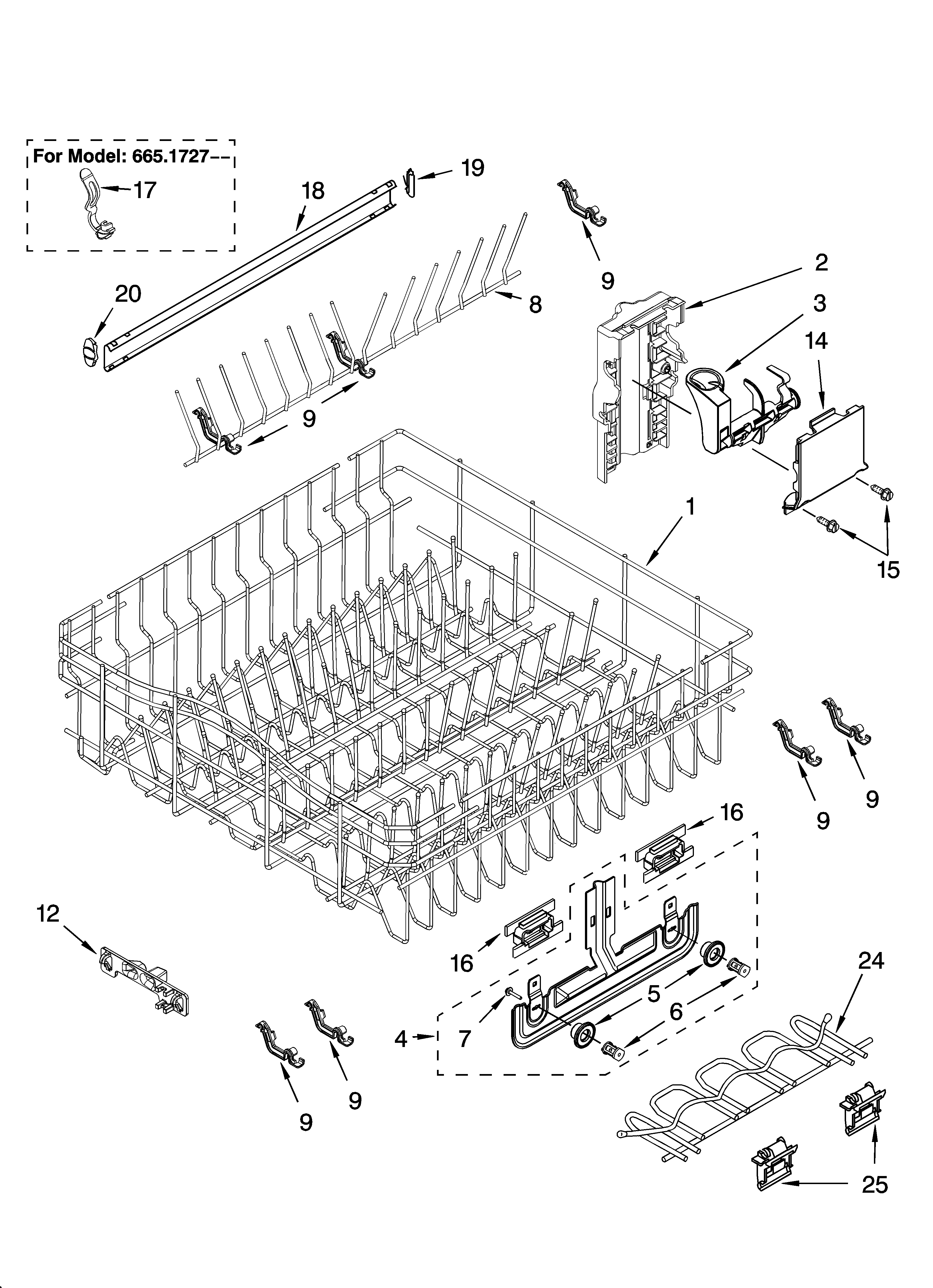 Kenmore Elite 66516274401 upper rack and track parts diagram
