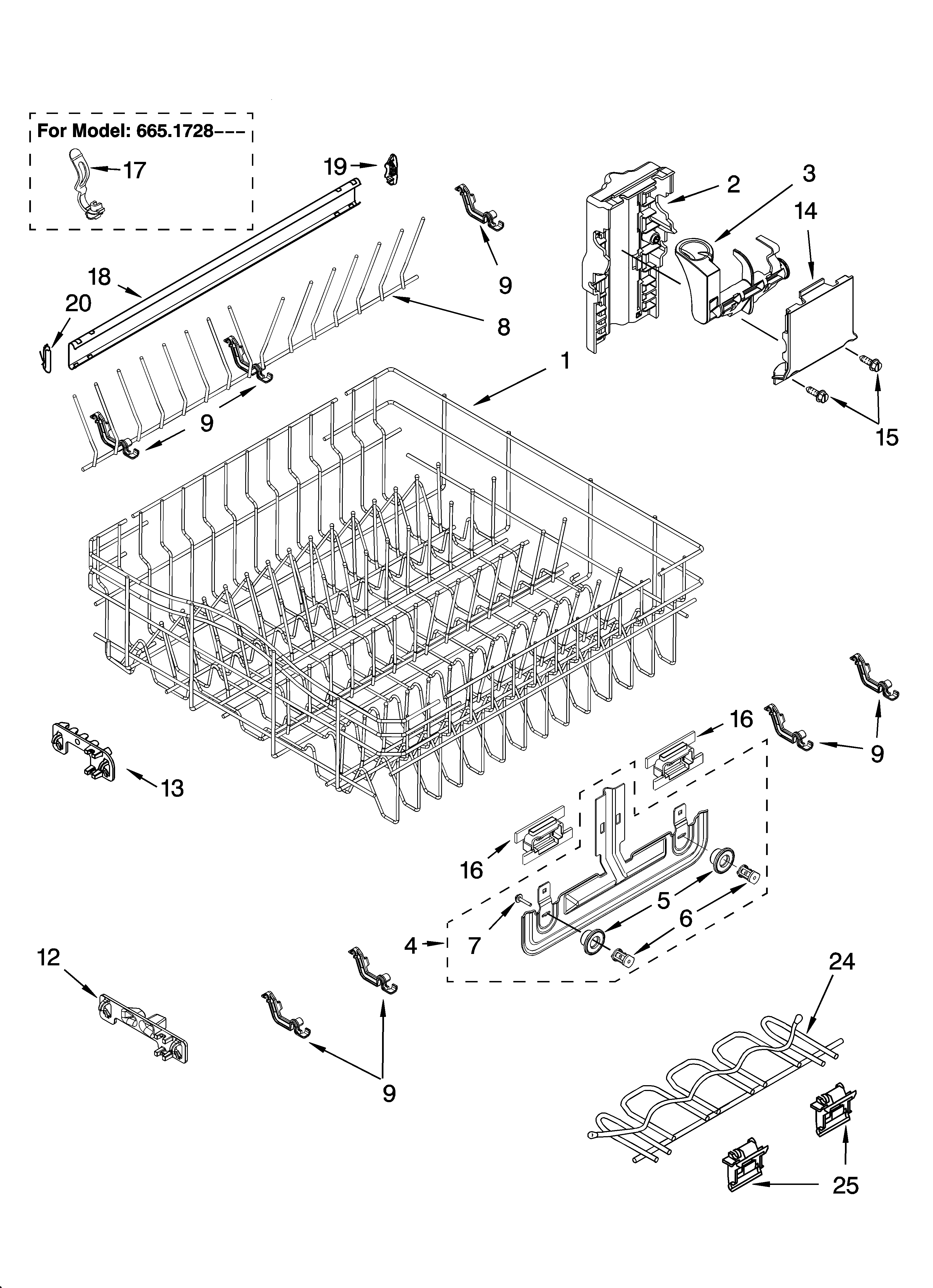 Kenmore Elite 66516289401 upper rack and track parts diagram