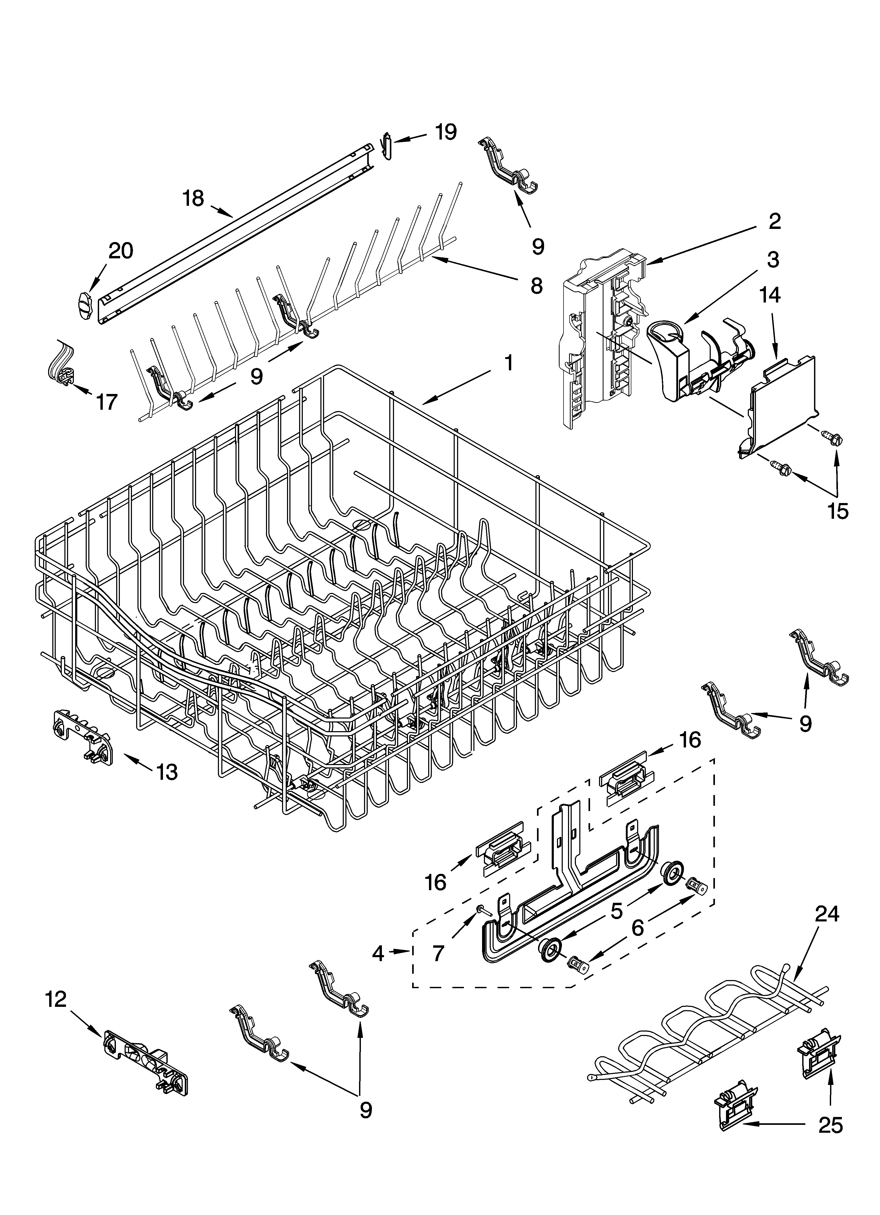 Kenmore Elite 66516293400 upper rack and track parts diagram