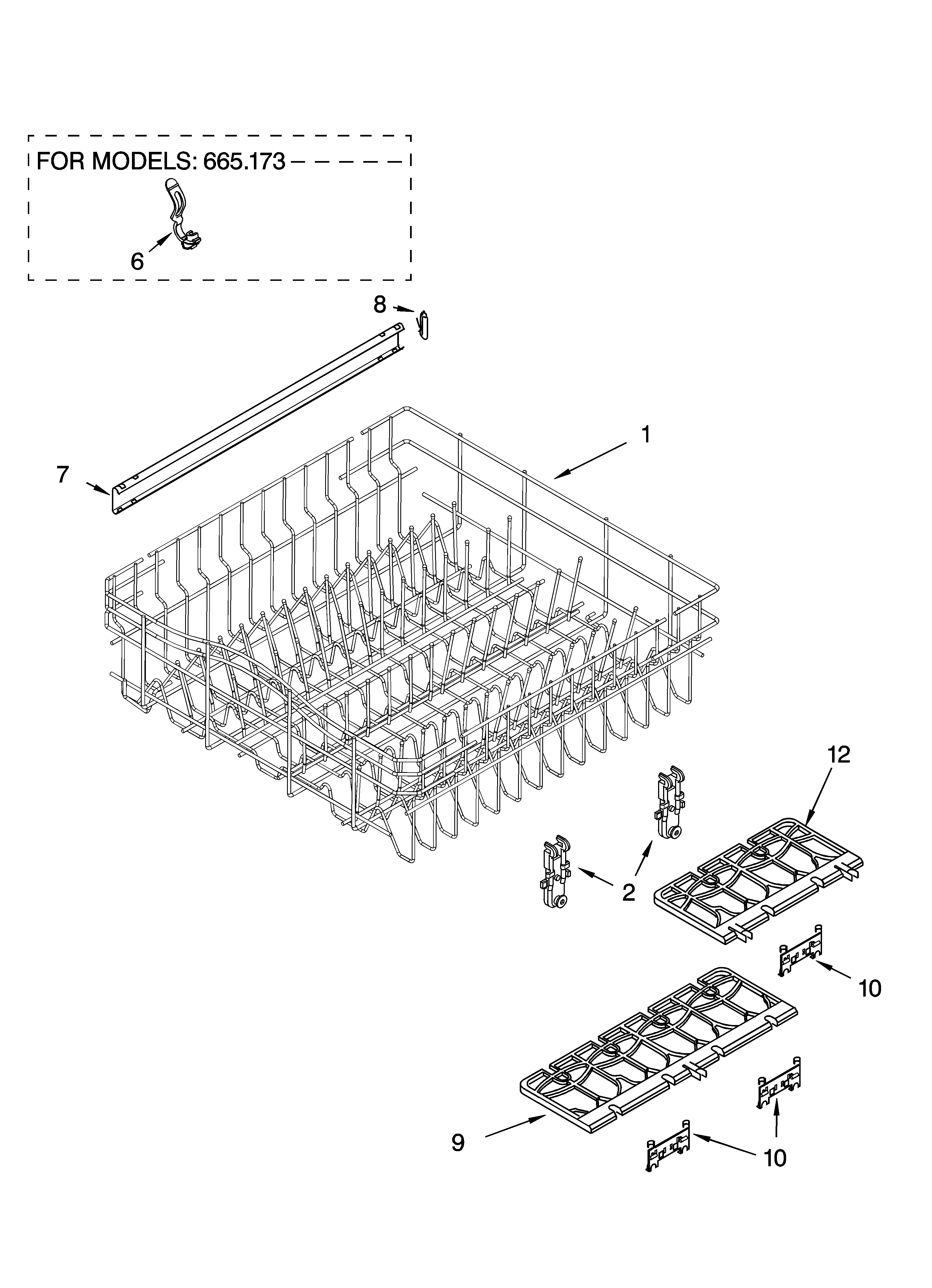 Kenmore 66517369300 upper rack and track parts diagram