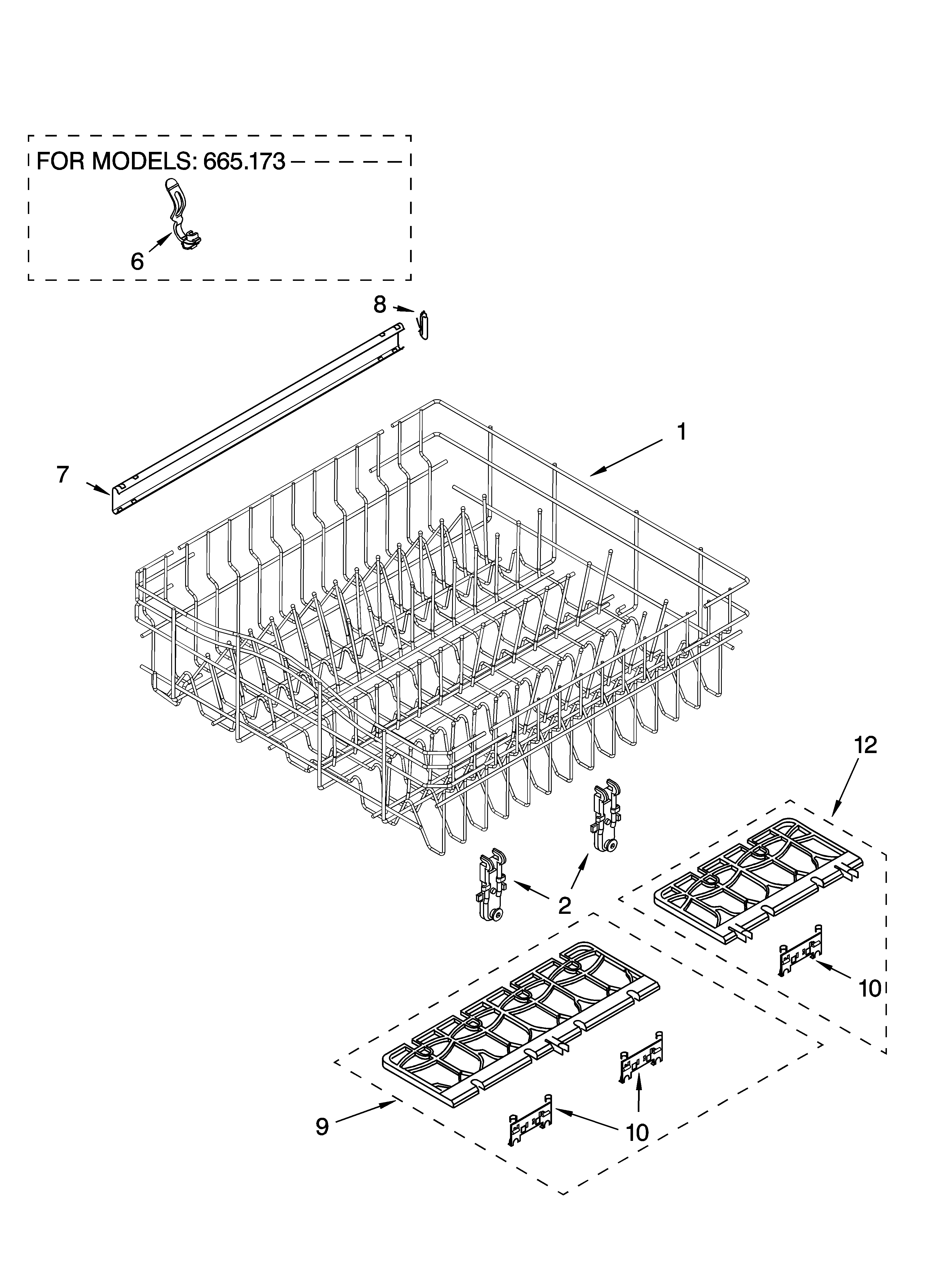 Kenmore 66516363301 upper rack and track parts diagram
