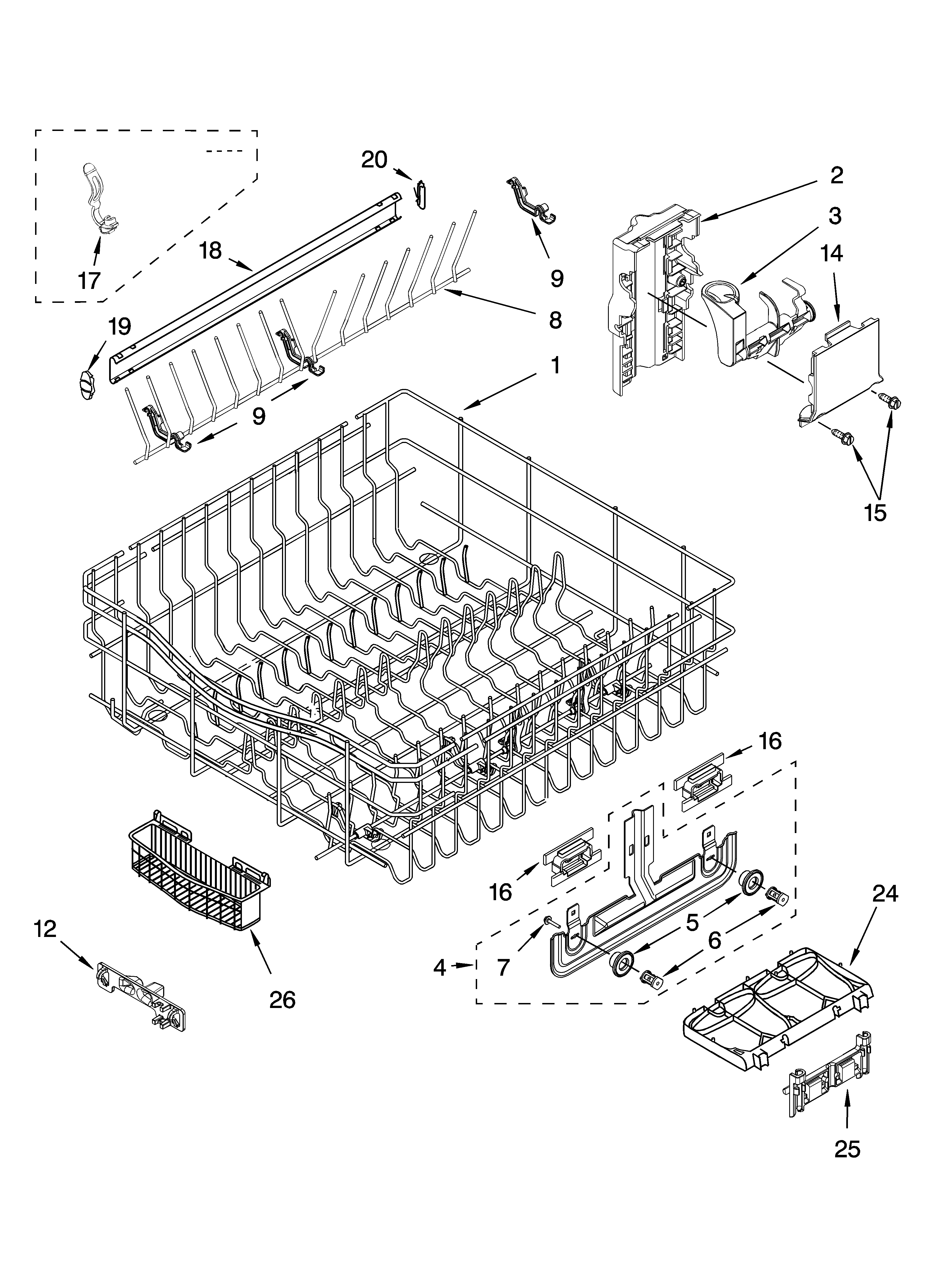 Kenmore 66516374300 upper rack and track parts diagram
