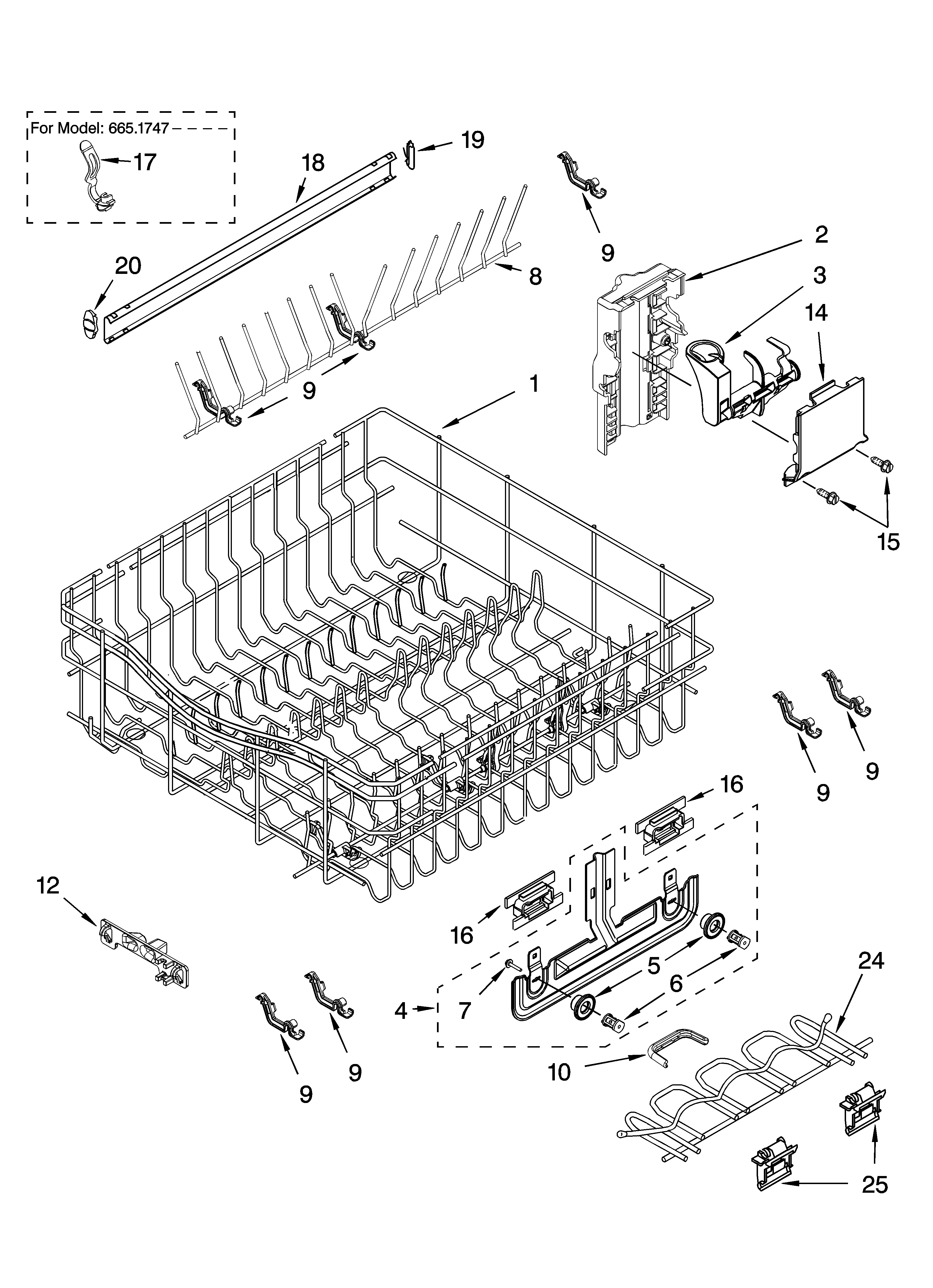 Kenmore 66516473300 upper rack and track parts diagram