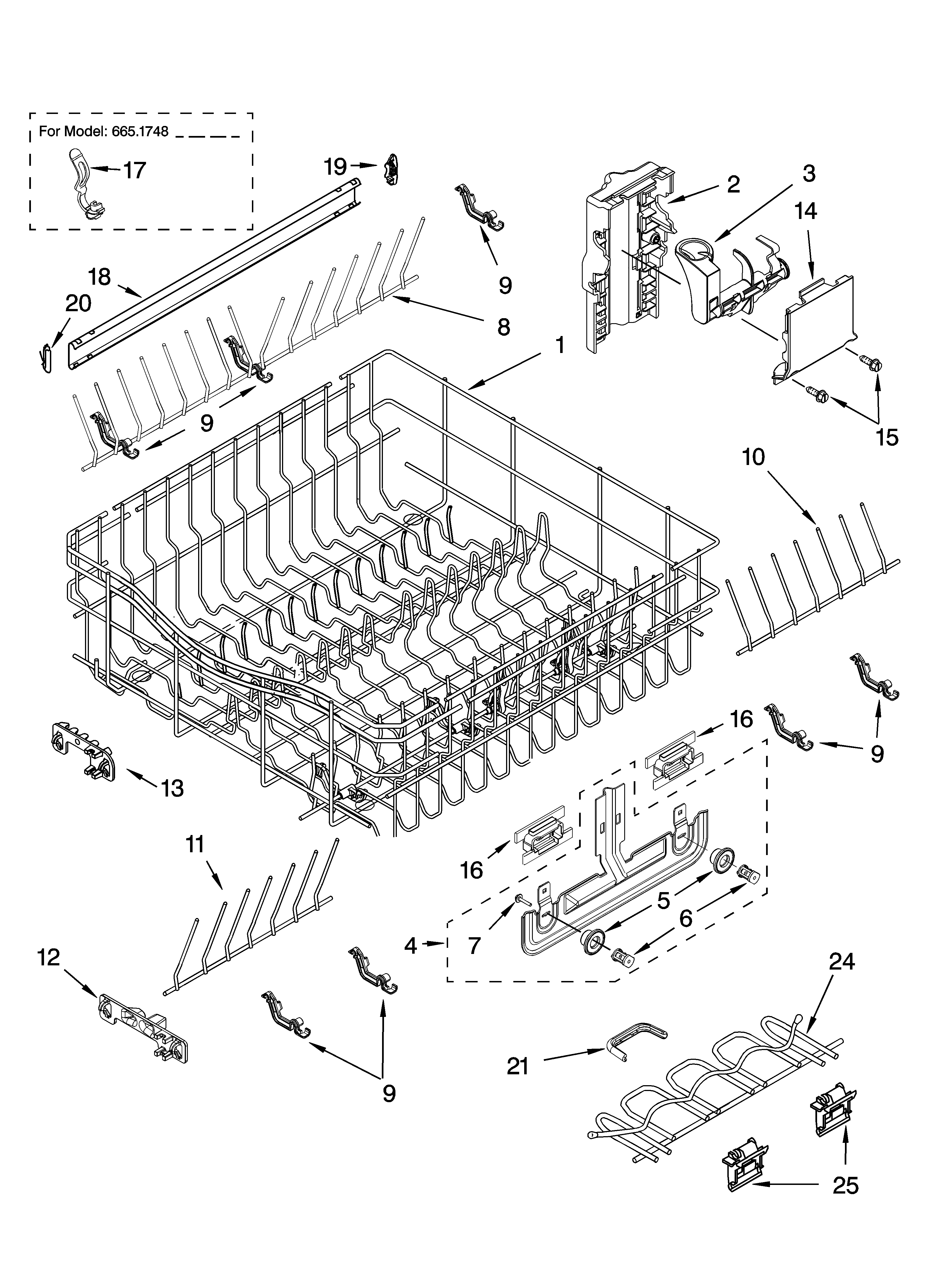 Kenmore 66516489300 upper rack and track parts diagram