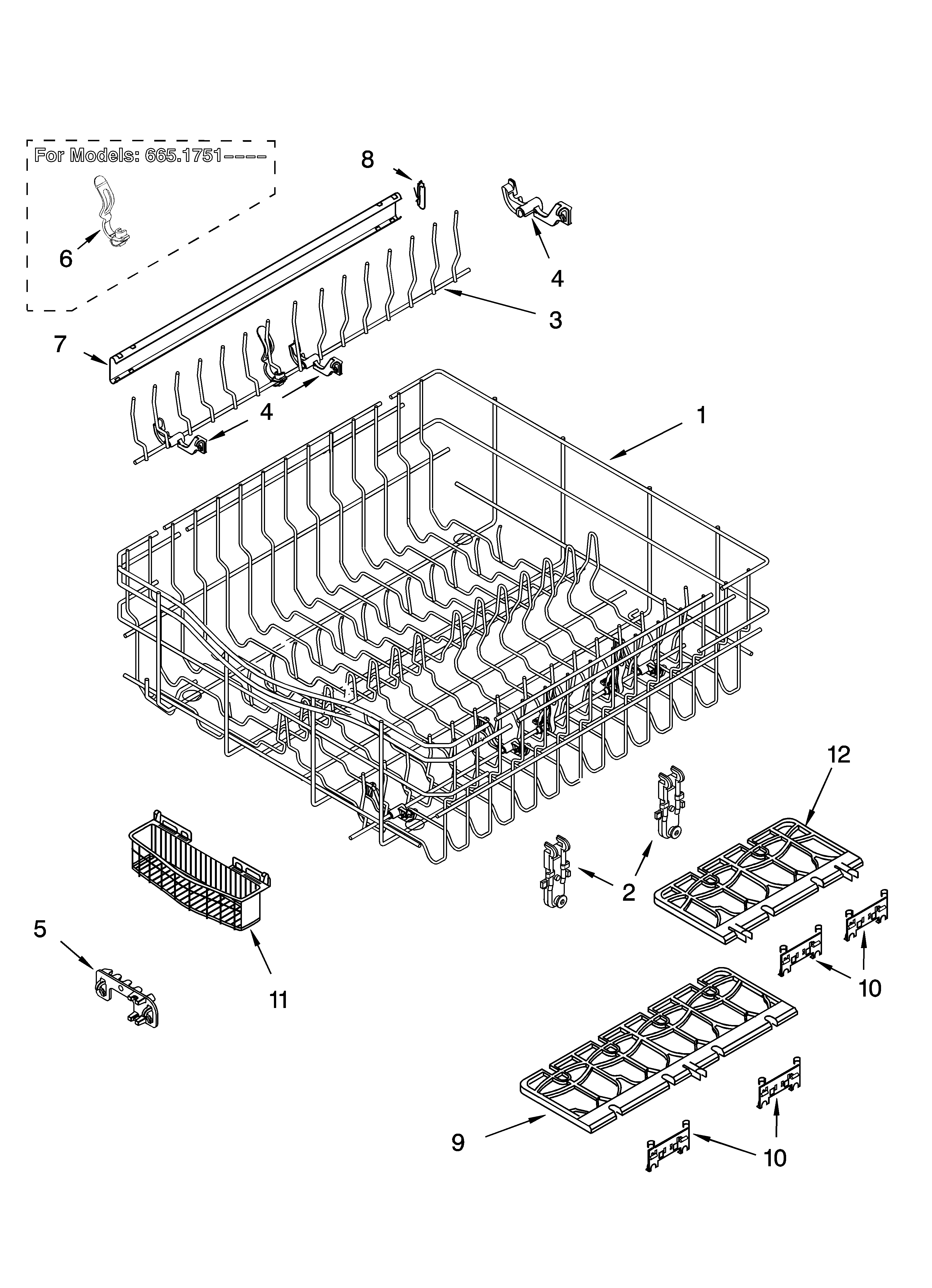 Kenmore 66517514200 upper rack and track parts diagram