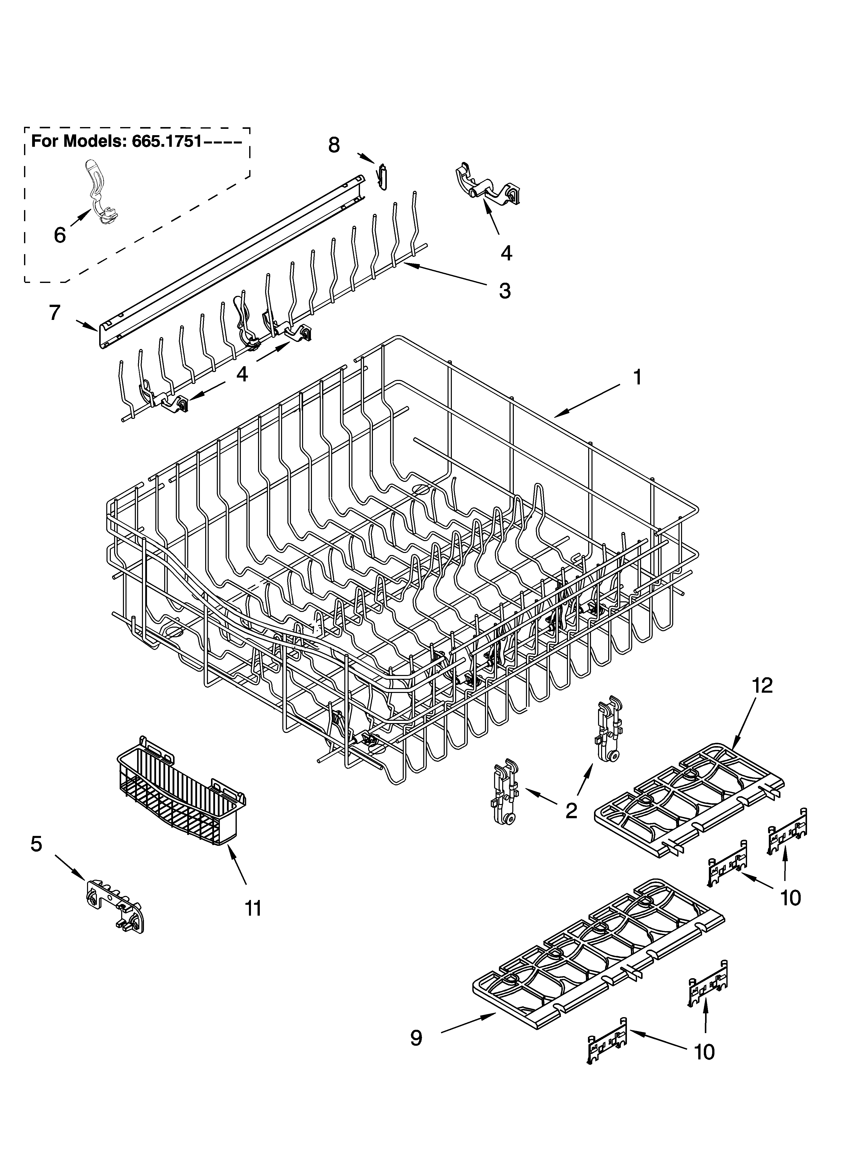 Kenmore 66516519202 upper rack and track parts diagram