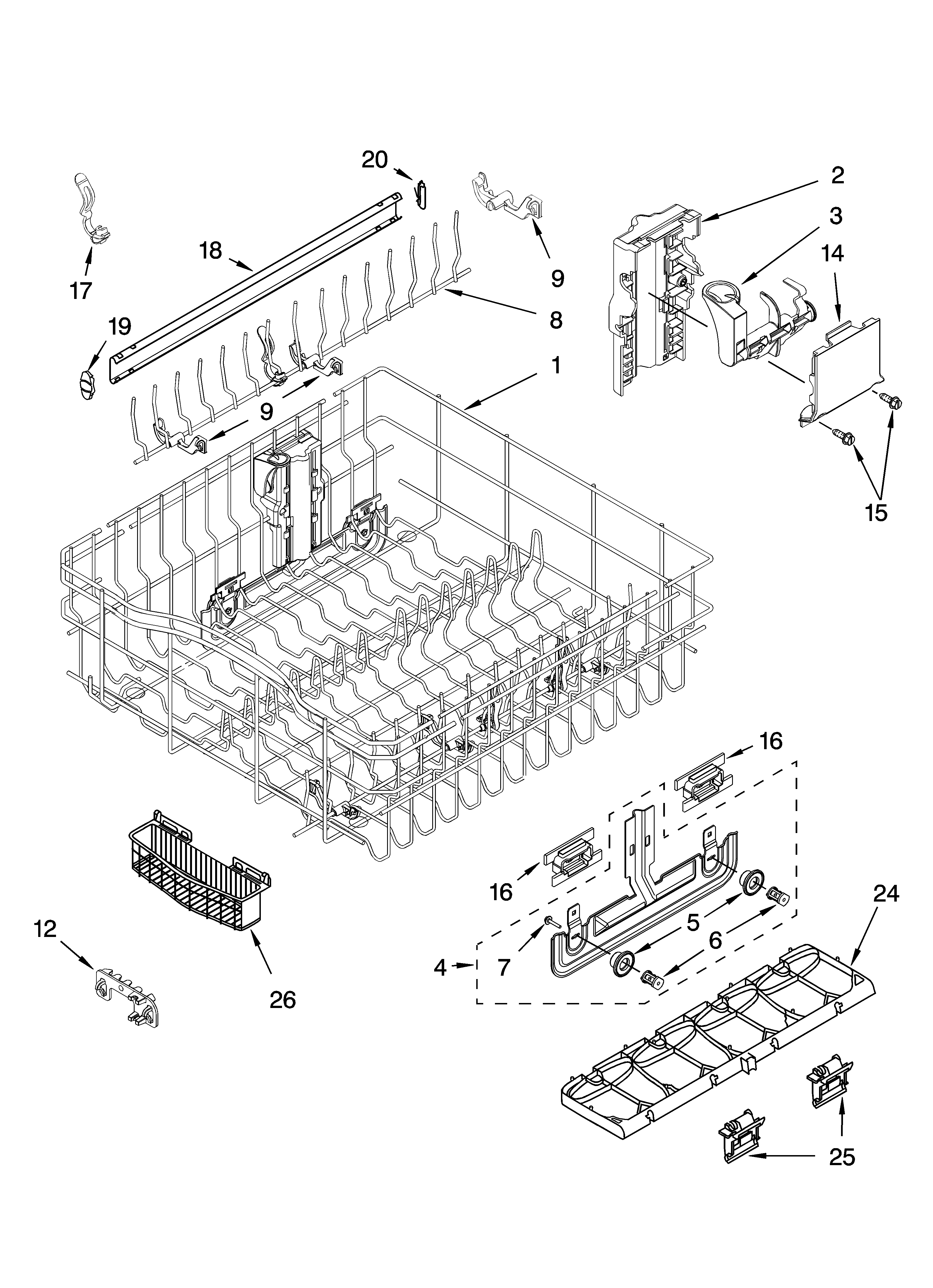 Kenmore 66517532202 upper rack and track parts diagram