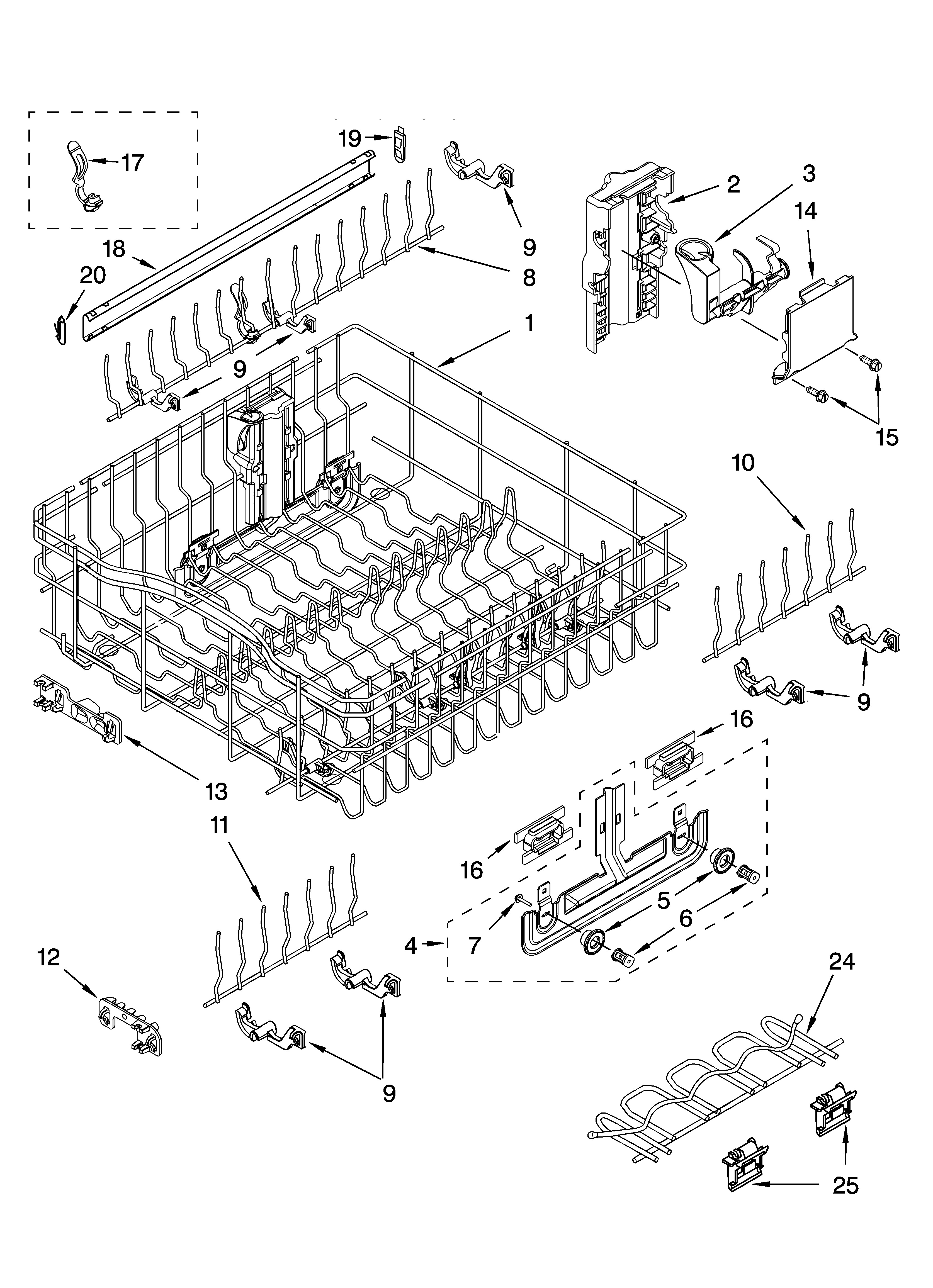 Kenmore 66516589201 upper rack and track parts diagram