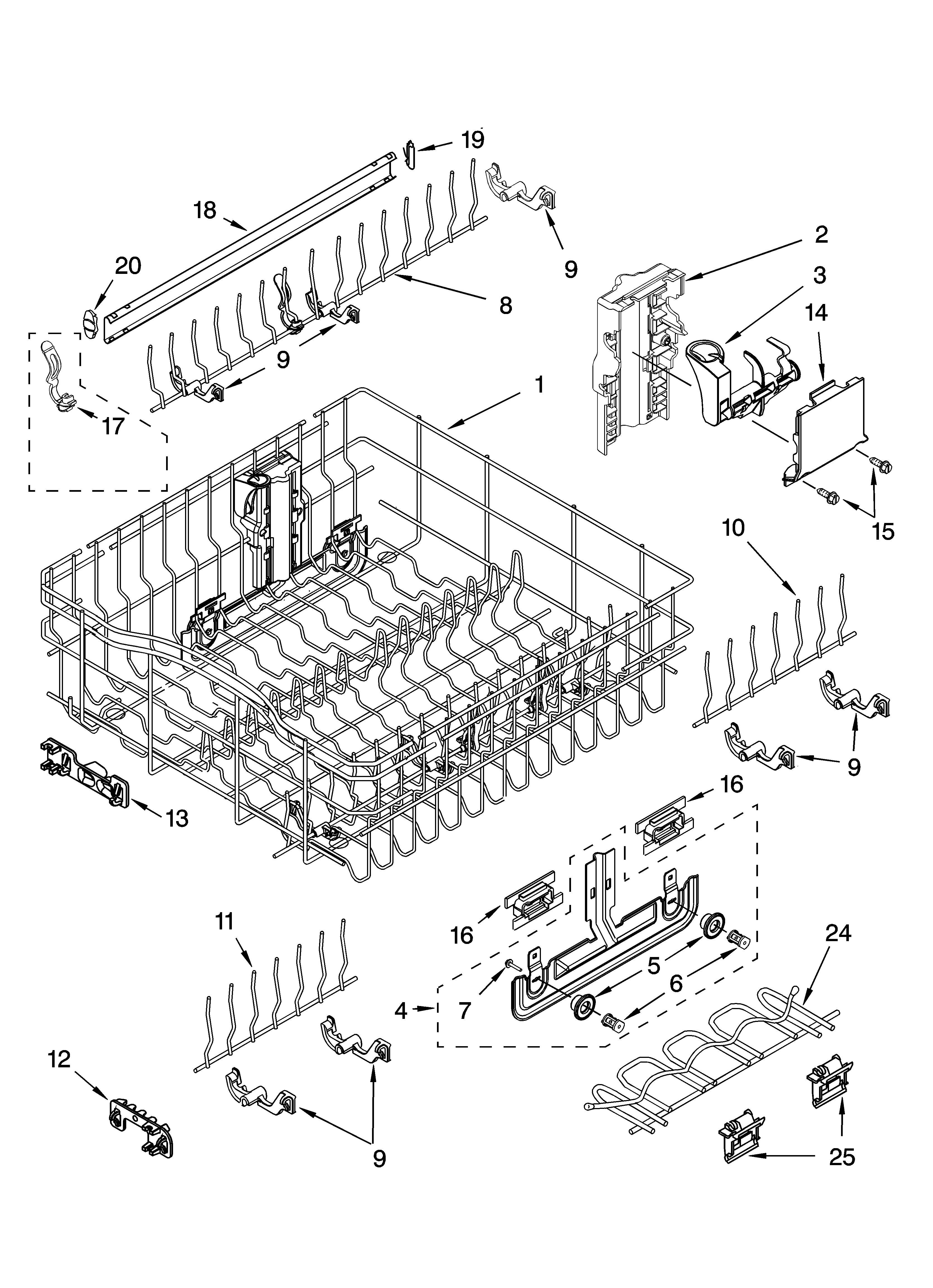 Kenmore 66516594201 upper rack and track parts diagram