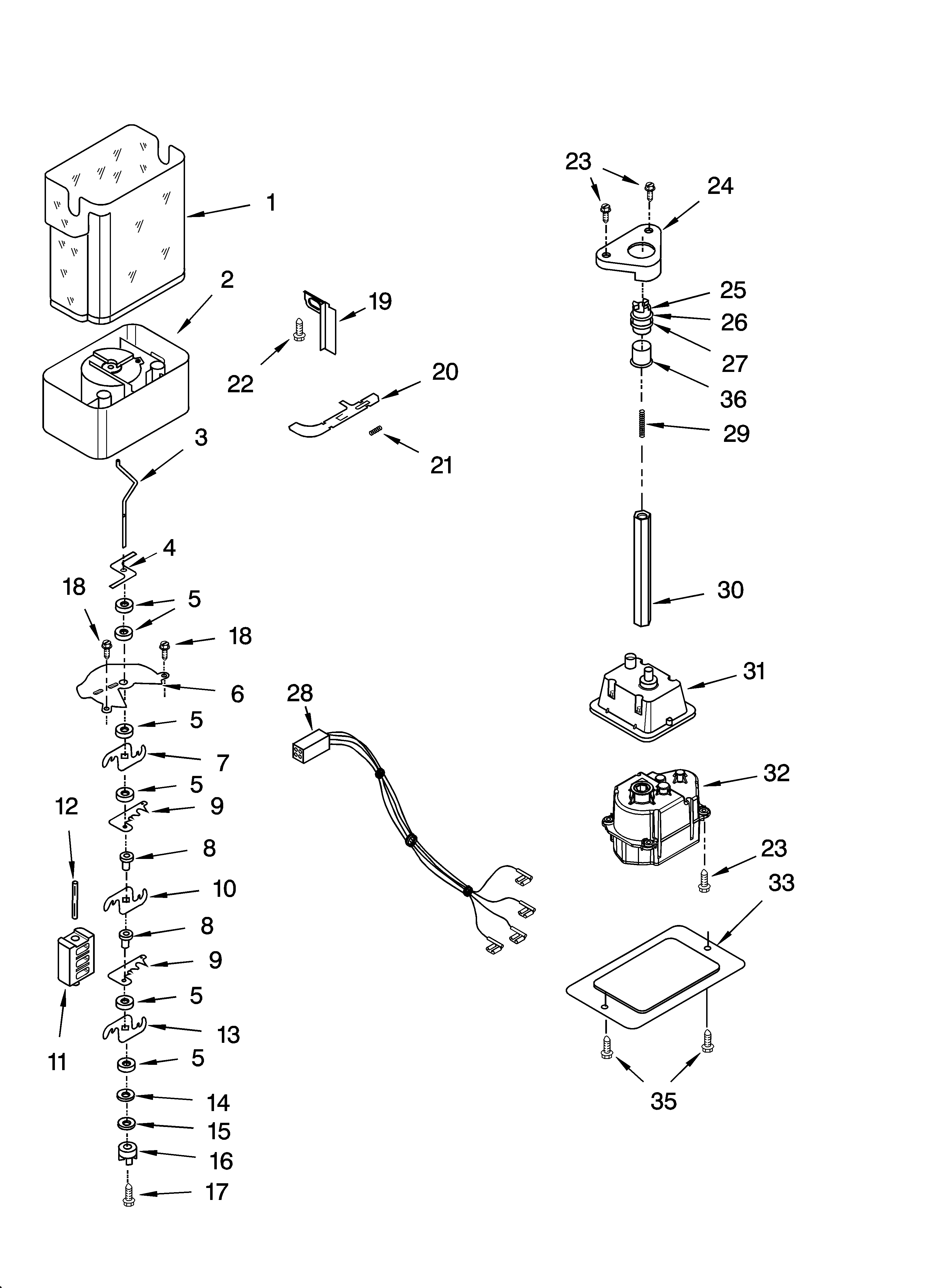 Kenmore 10656689500 motor and ice container parts diagram