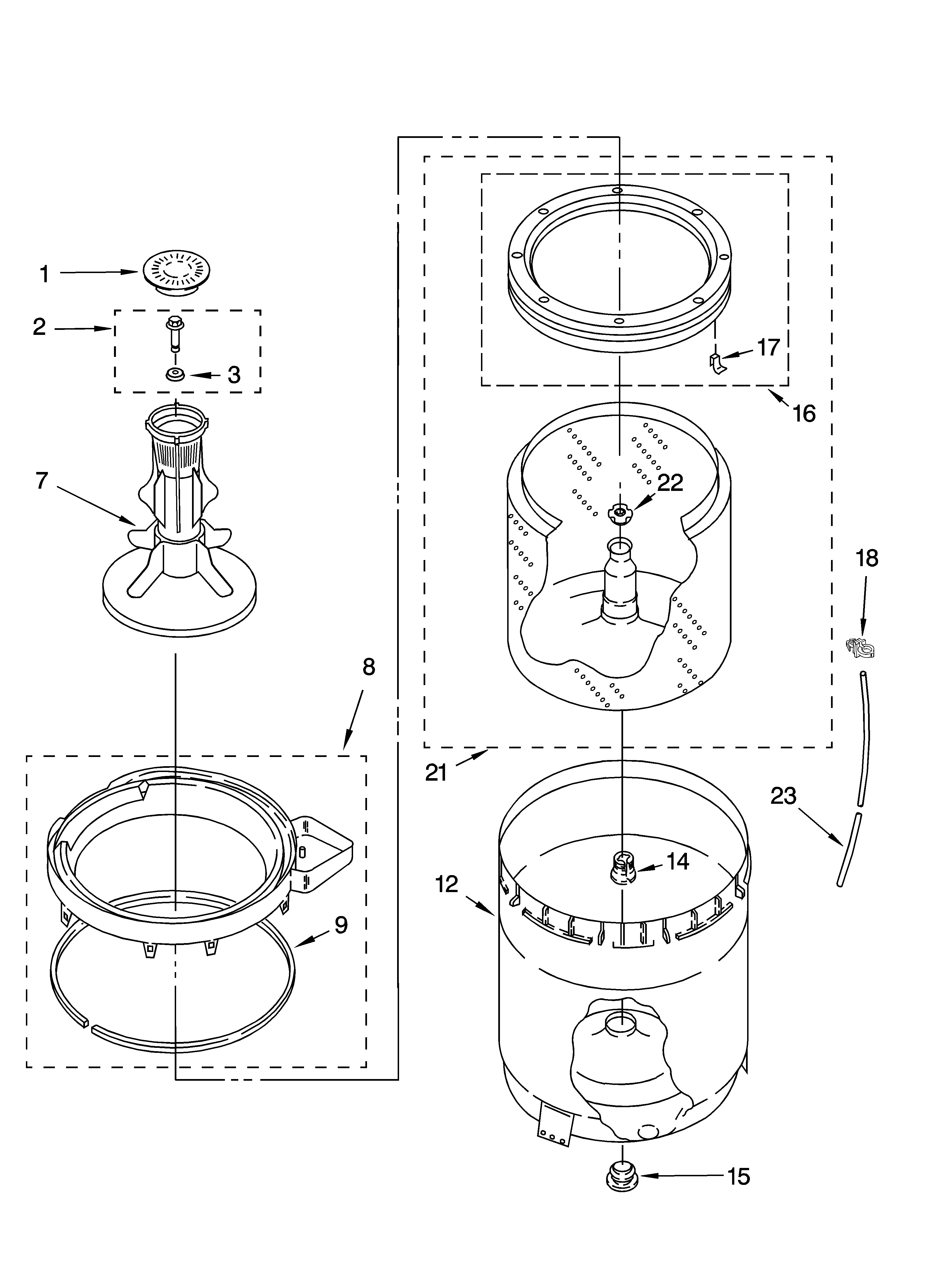 Kenmore 11016212500 agitator, basket and tub parts diagram