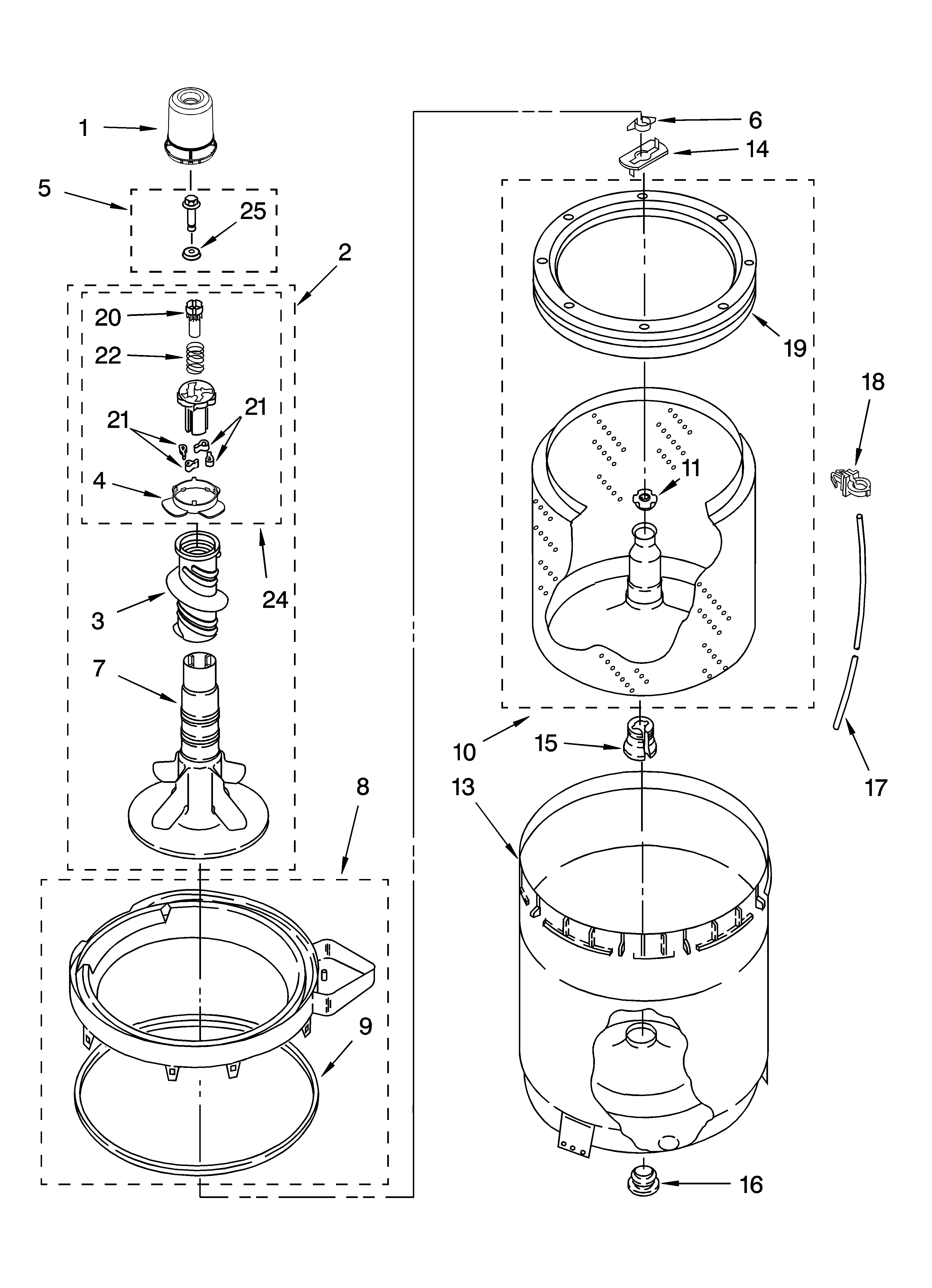 Kenmore 11026862500 agitator, basket and tub parts diagram