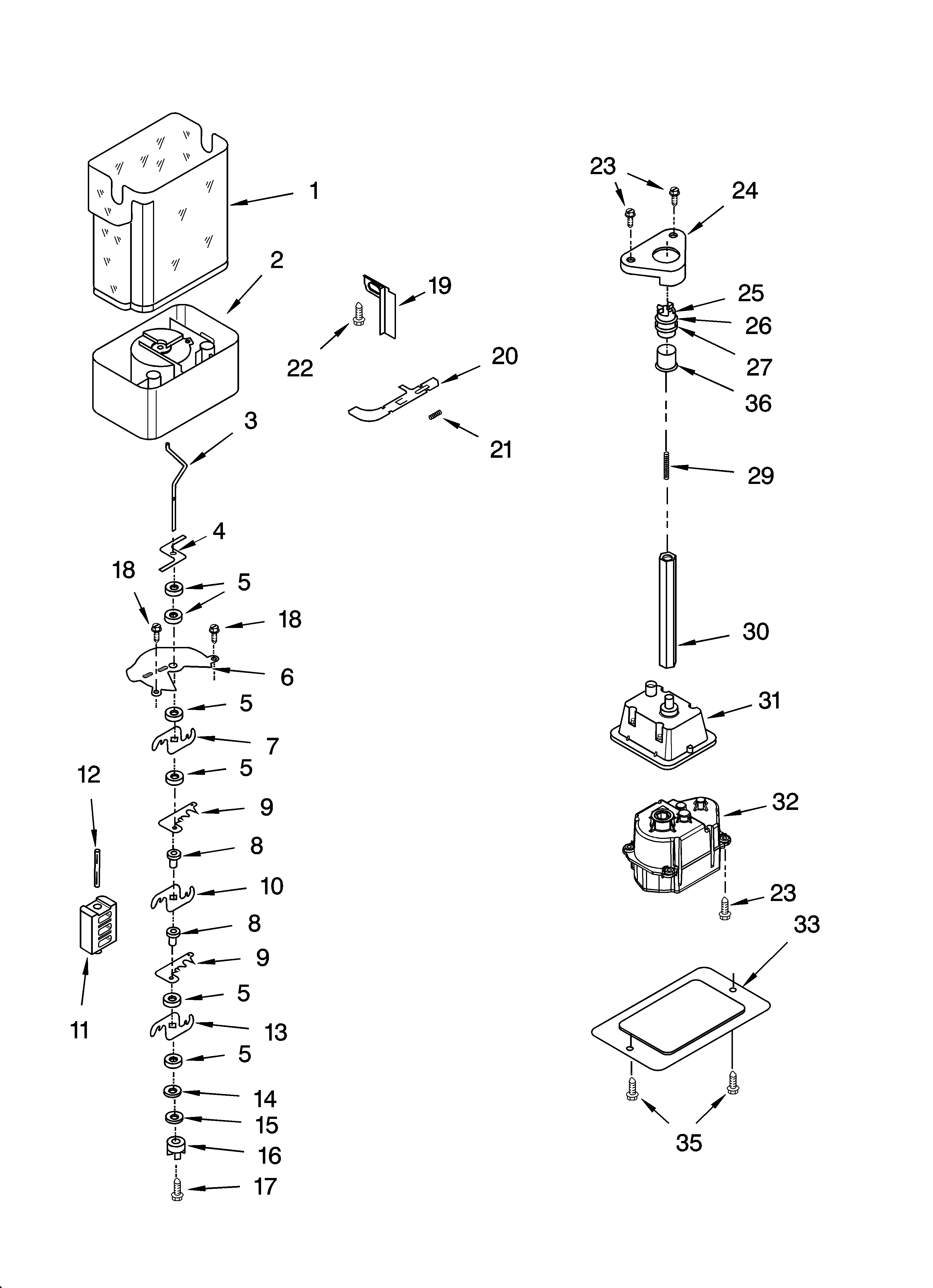 Kenmore 10656666500 motor and ice container parts diagram