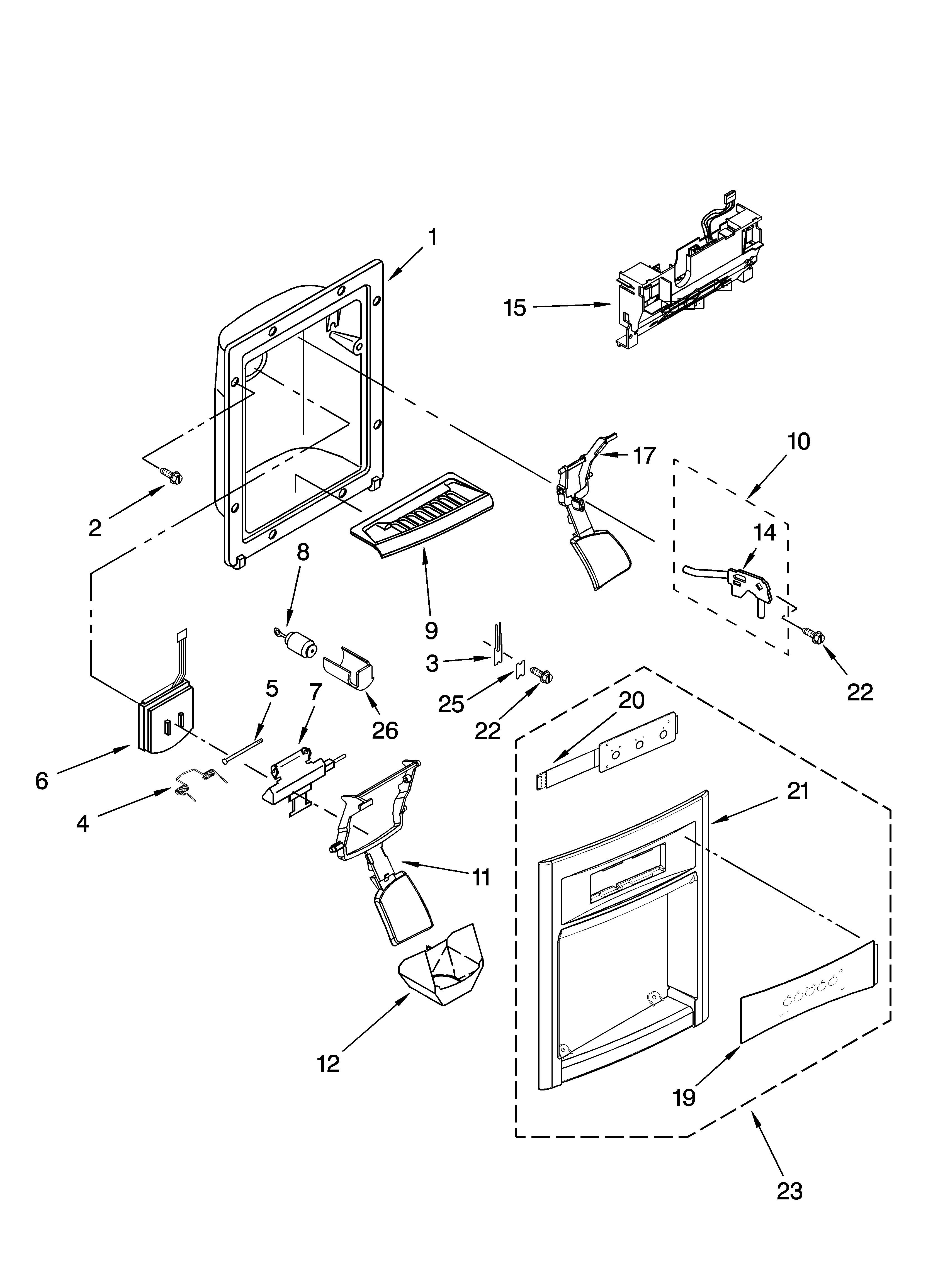 Kenmore Elite 10656393501 dispenser front parts diagram