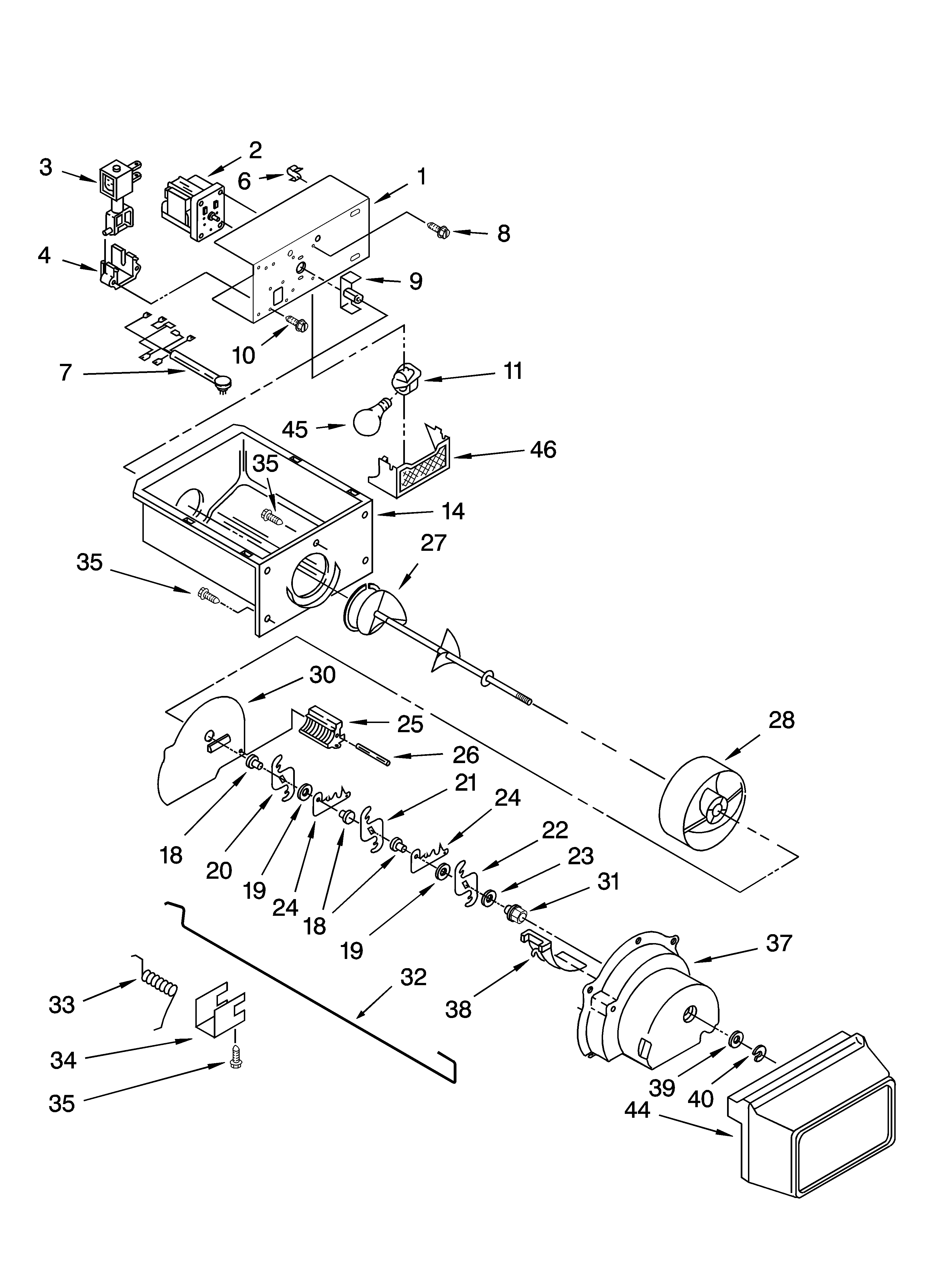 Kenmore 10655632501 motor and ice container parts diagram