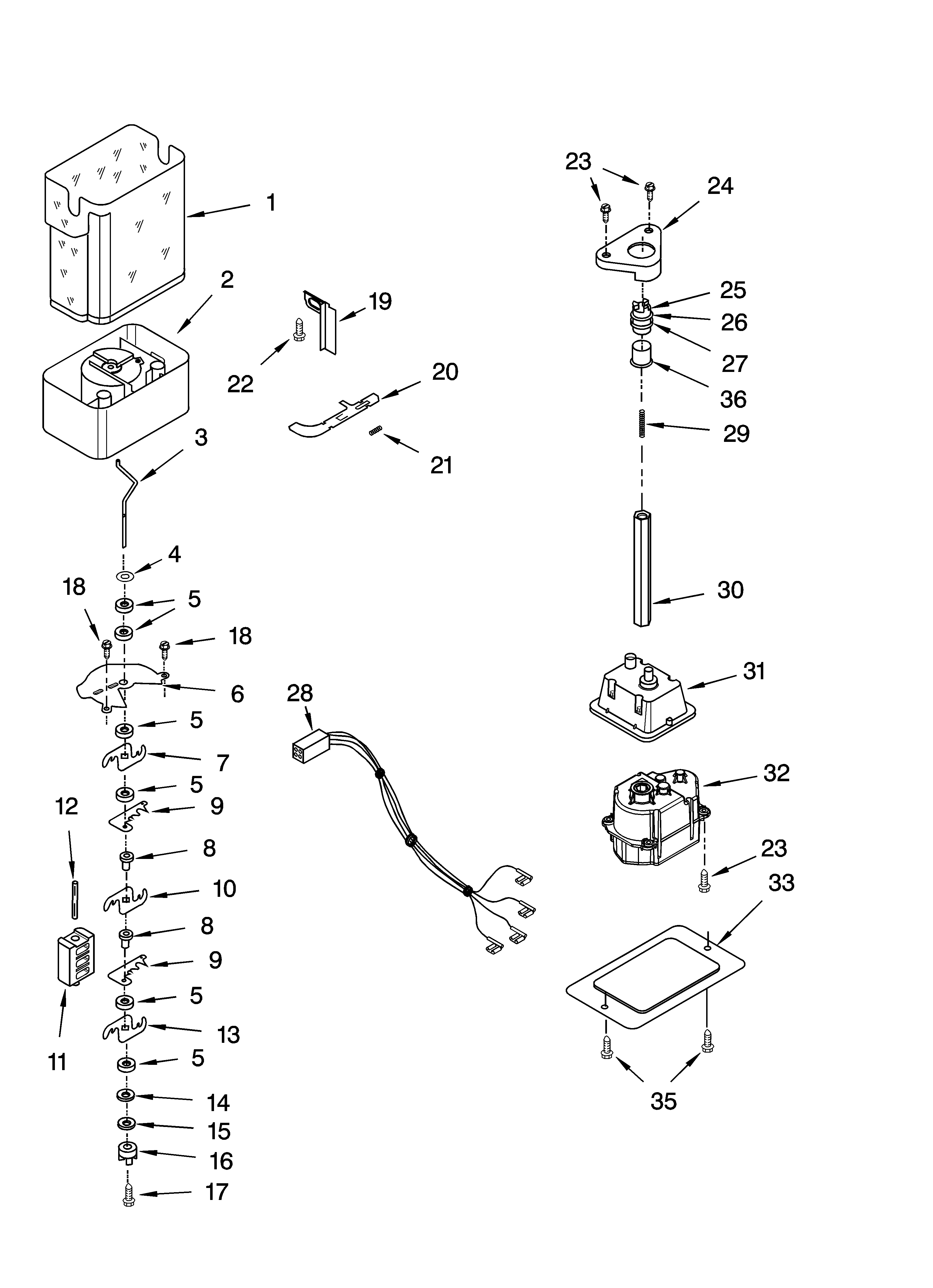 Kenmore Elite 10656699501 motor and ice container parts diagram