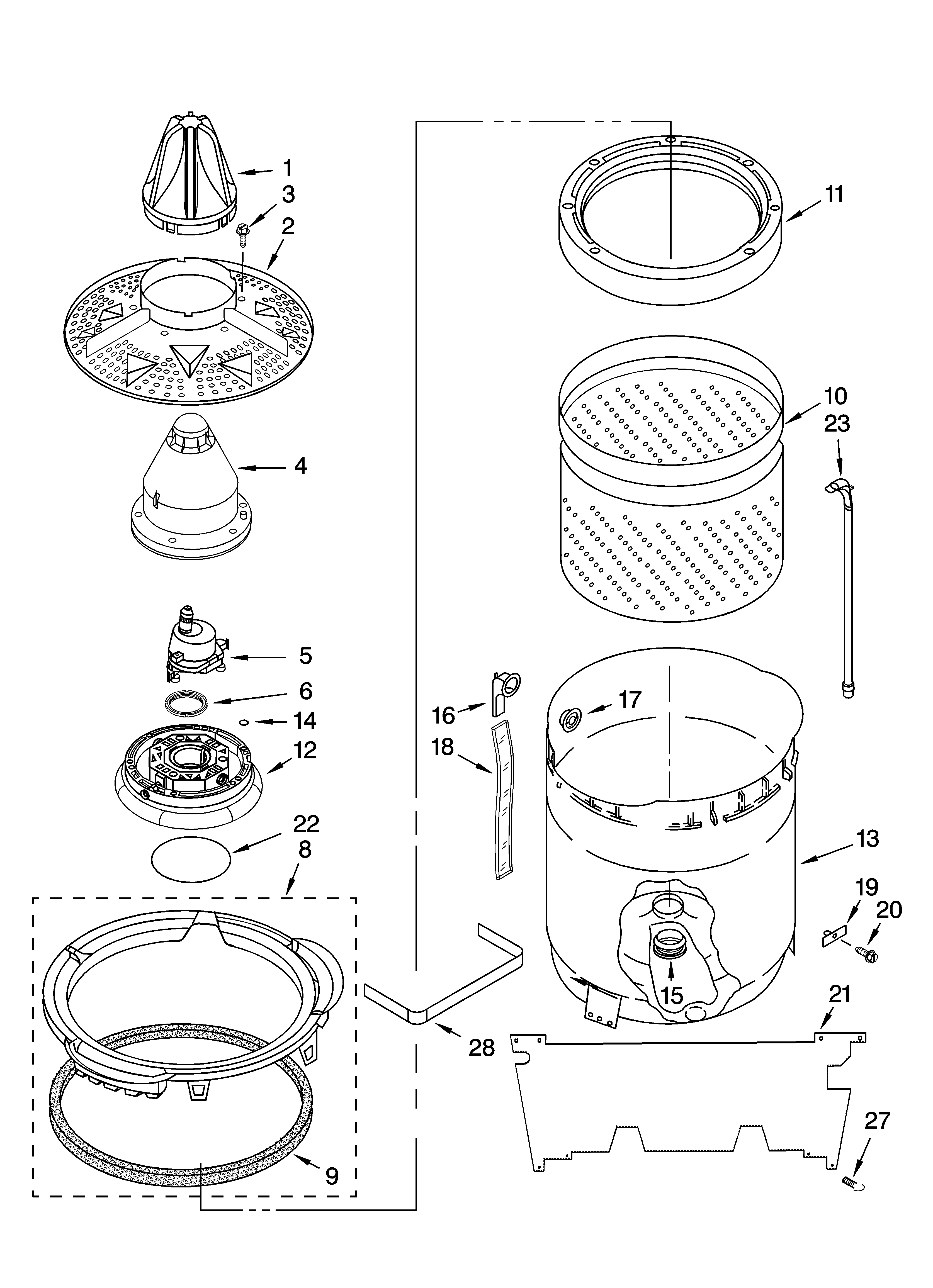 Kenmore 11025062500 washplate, basket and tub parts diagram