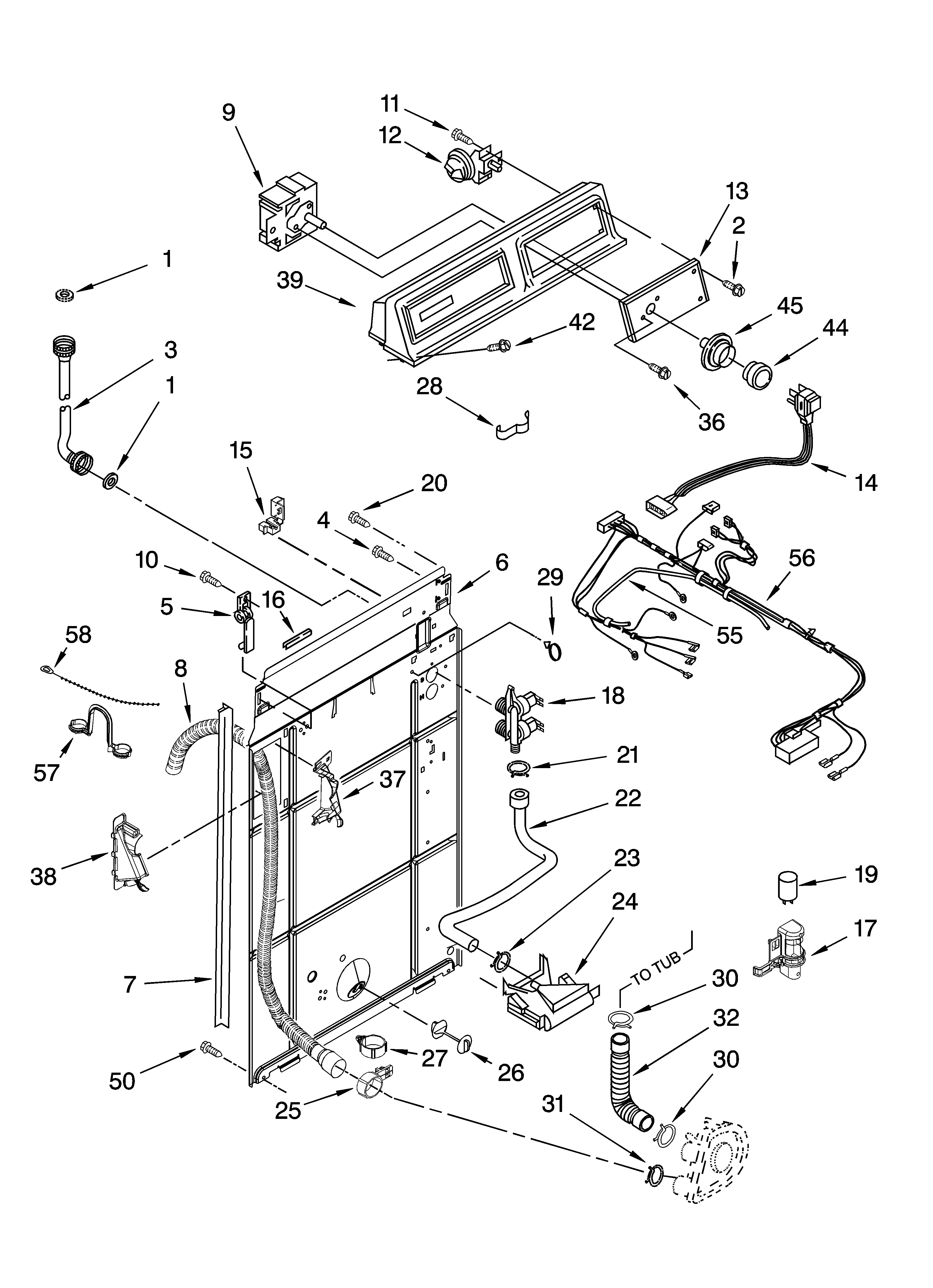 Kenmore 11016102501 control and rear panel parts diagram