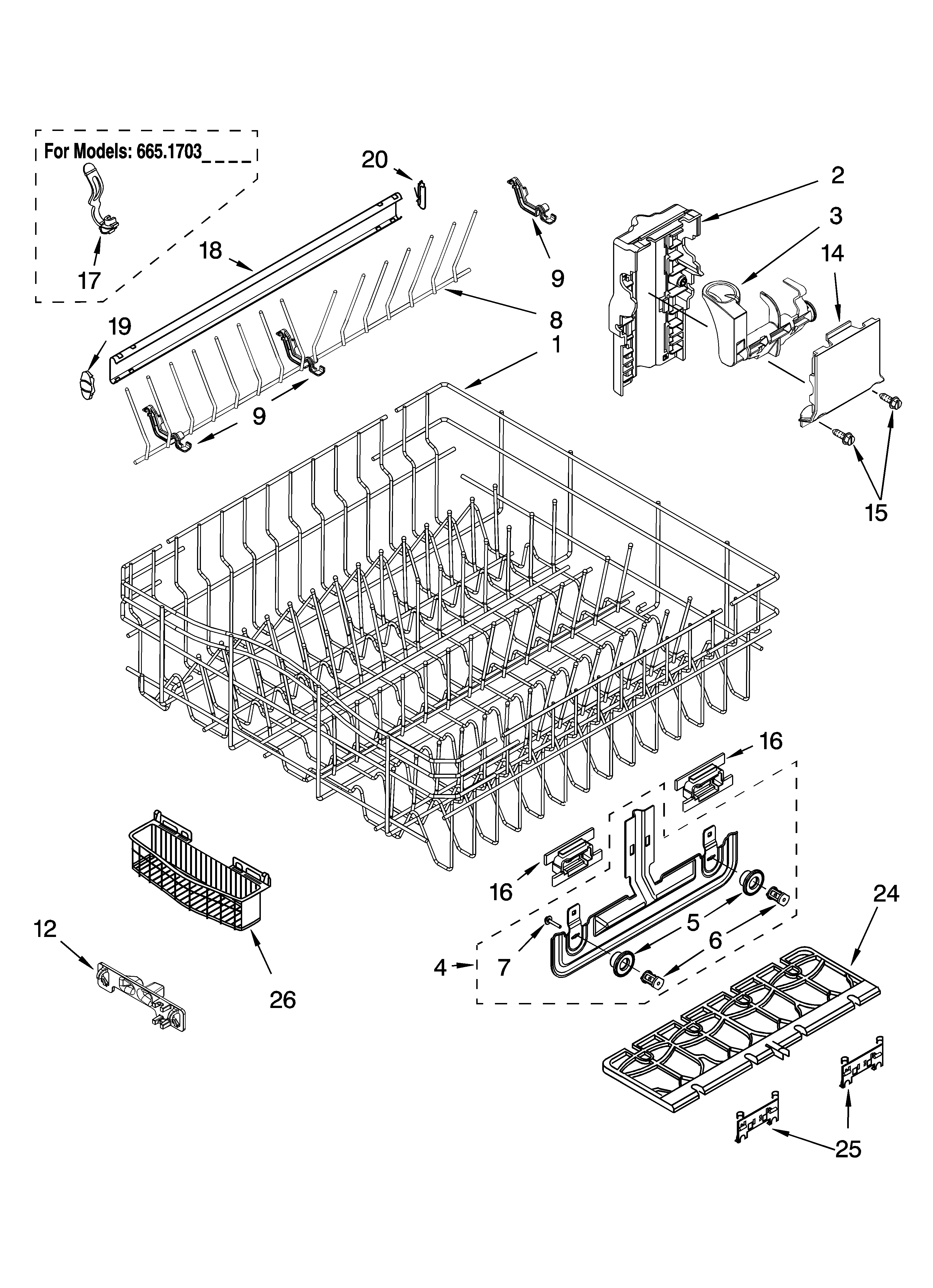 Kenmore 66516033402 upper rack and track parts diagram