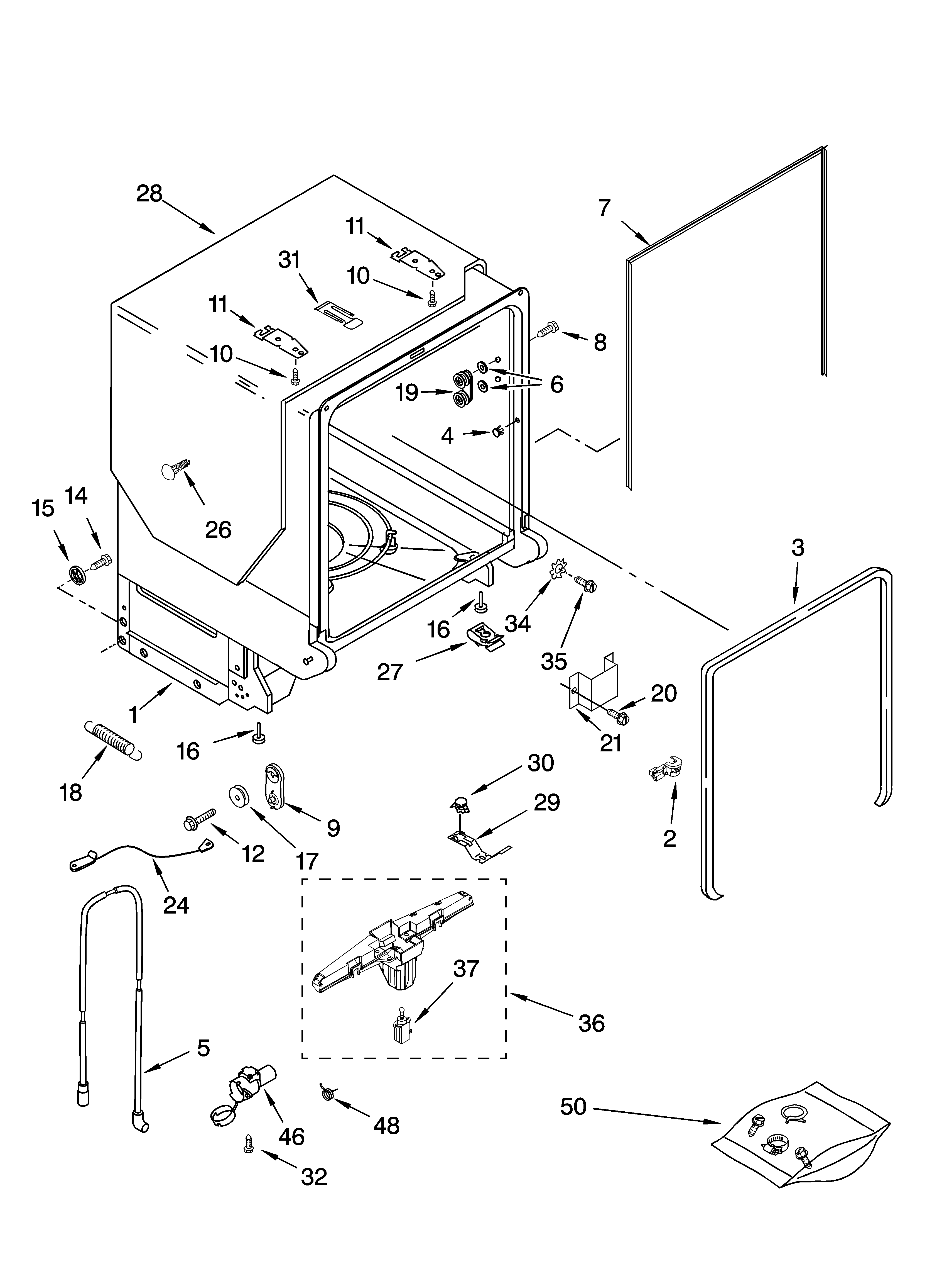 Kenmore Elite 66517052402 tub and frame parts diagram