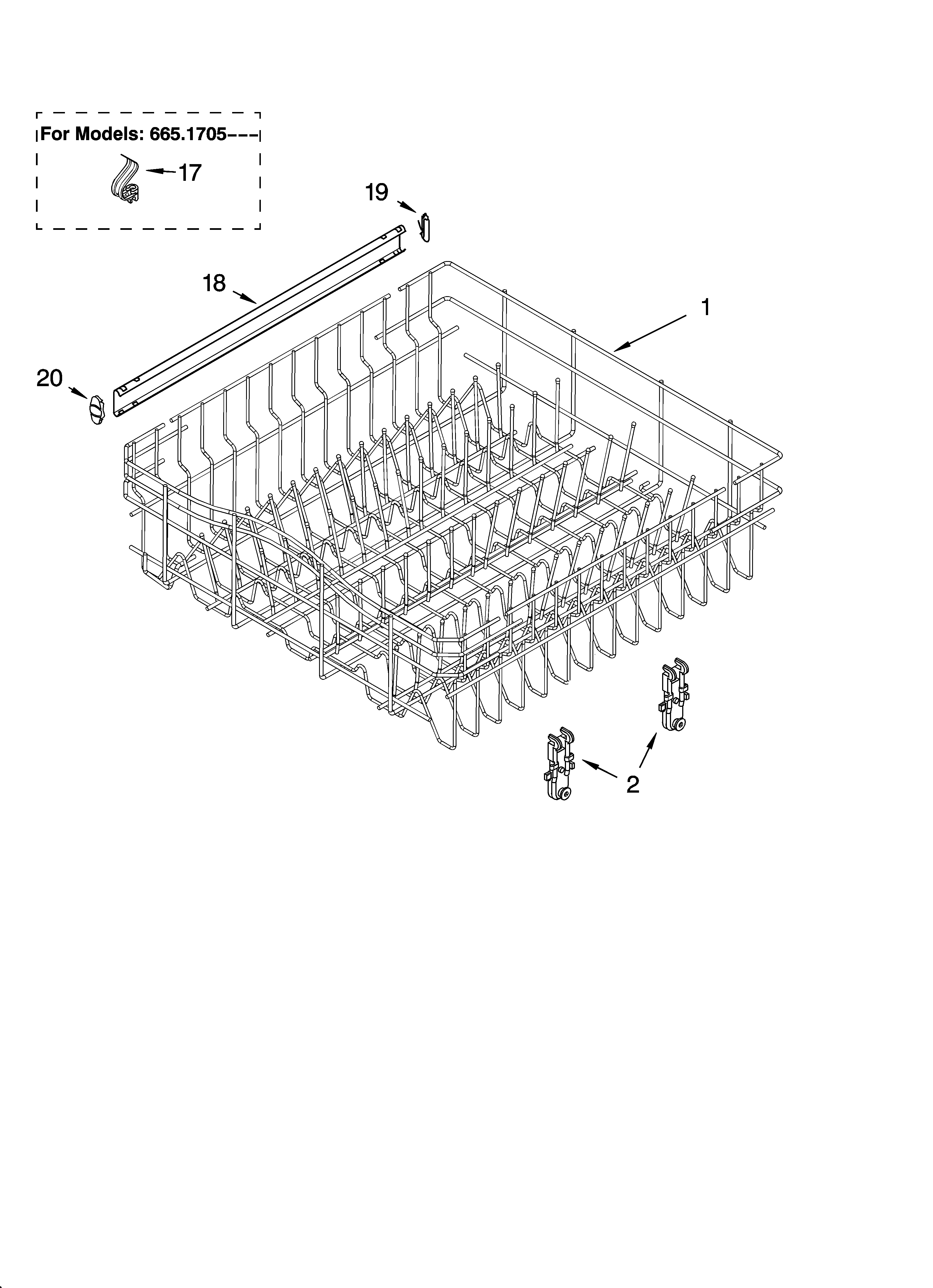 Kenmore Elite 66517052402 upper rack and track parts diagram