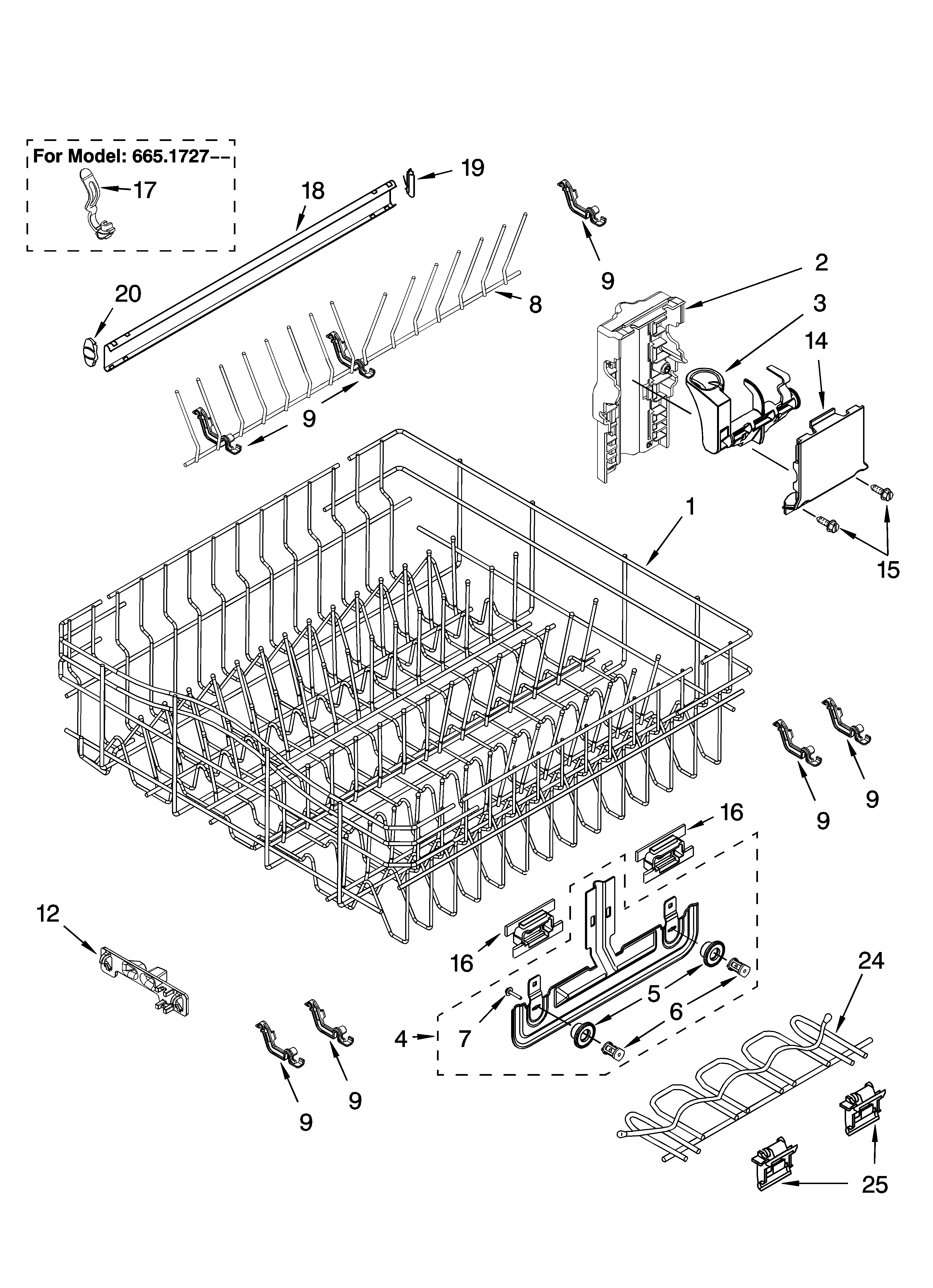 Kenmore Elite 66516273402 upper rack and track parts diagram