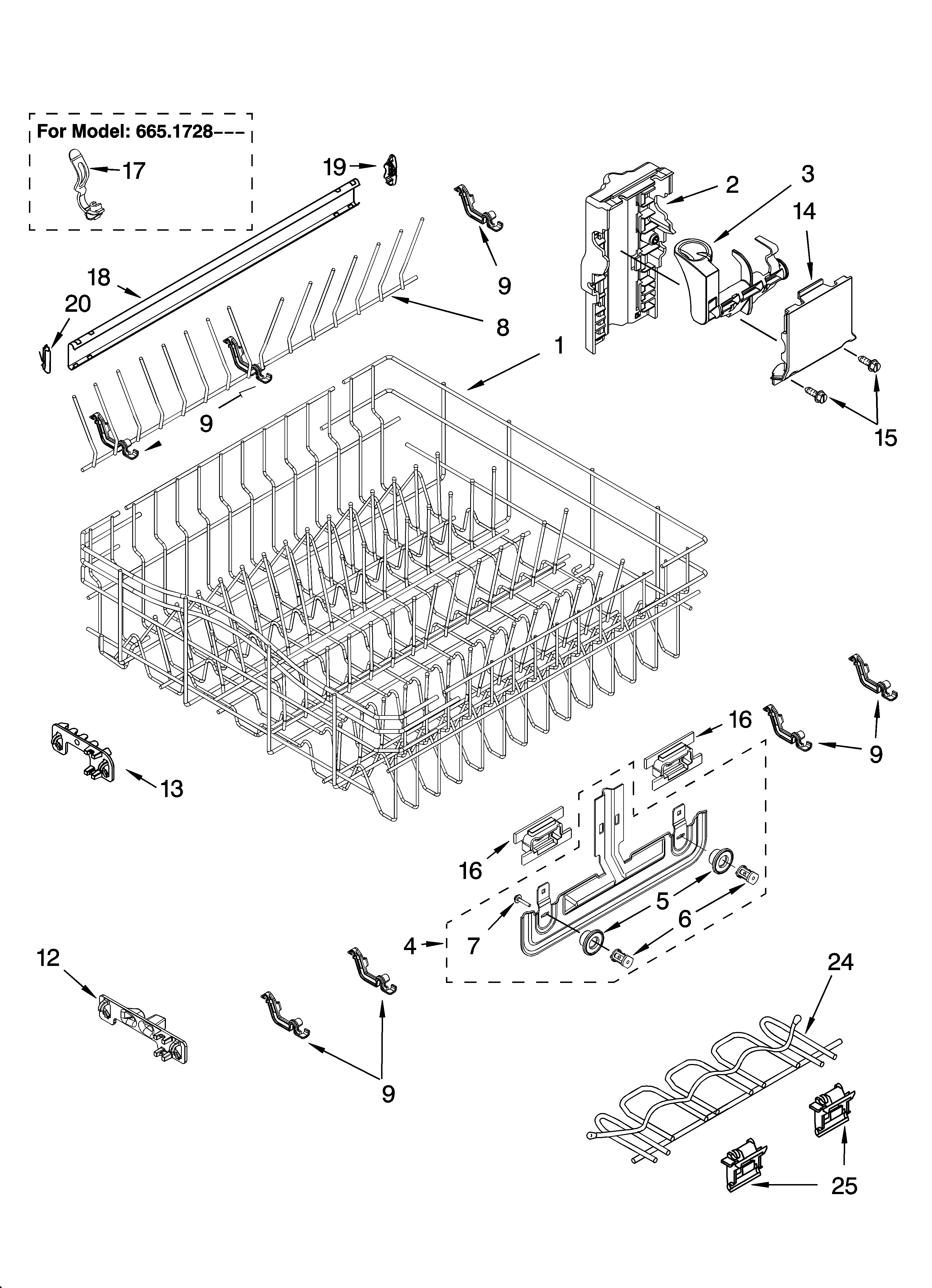 Kenmore Elite 66517282402 upper rack and track parts diagram